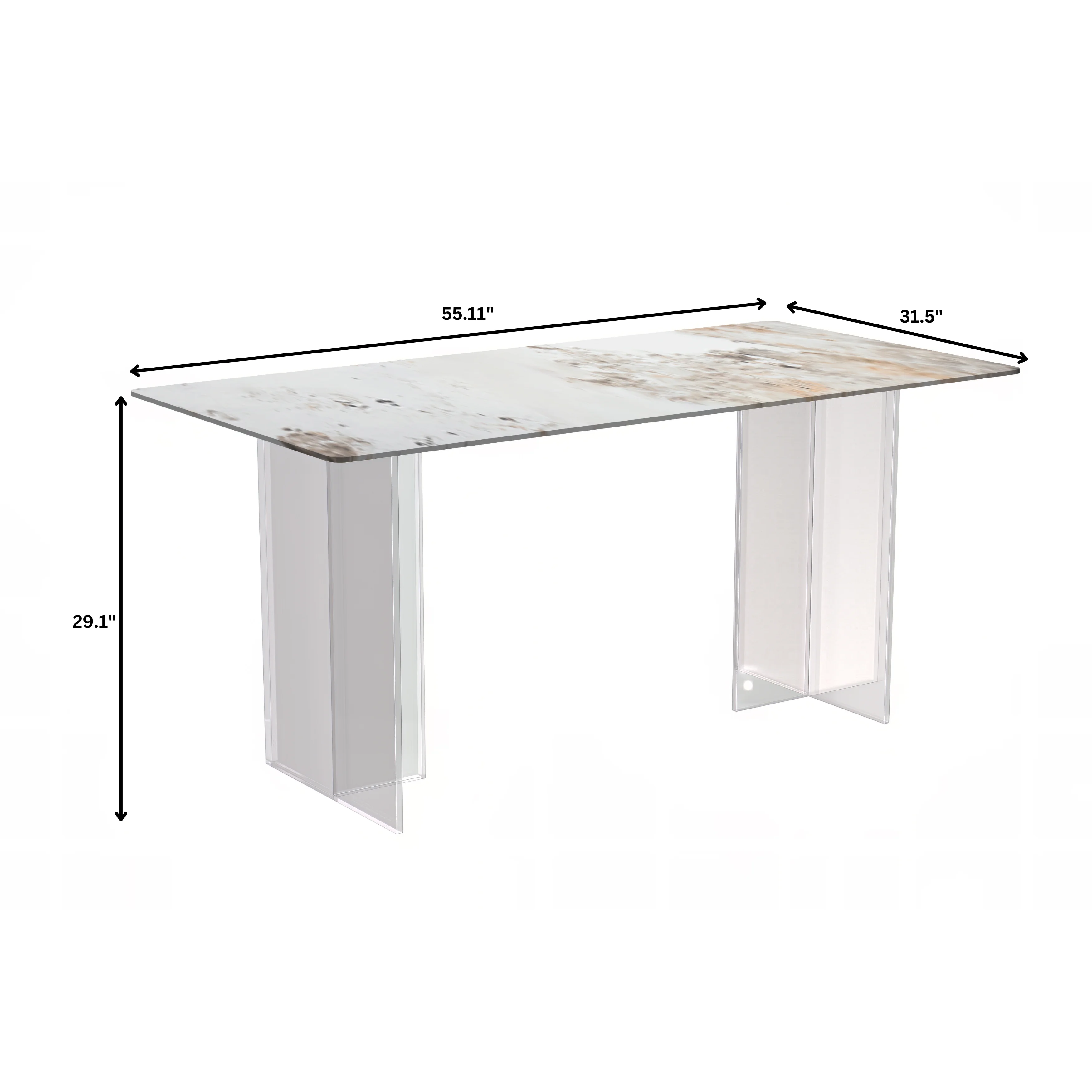 Kova Series Dining Table, Clear Base with 62" White Grey Sintered Stone Top