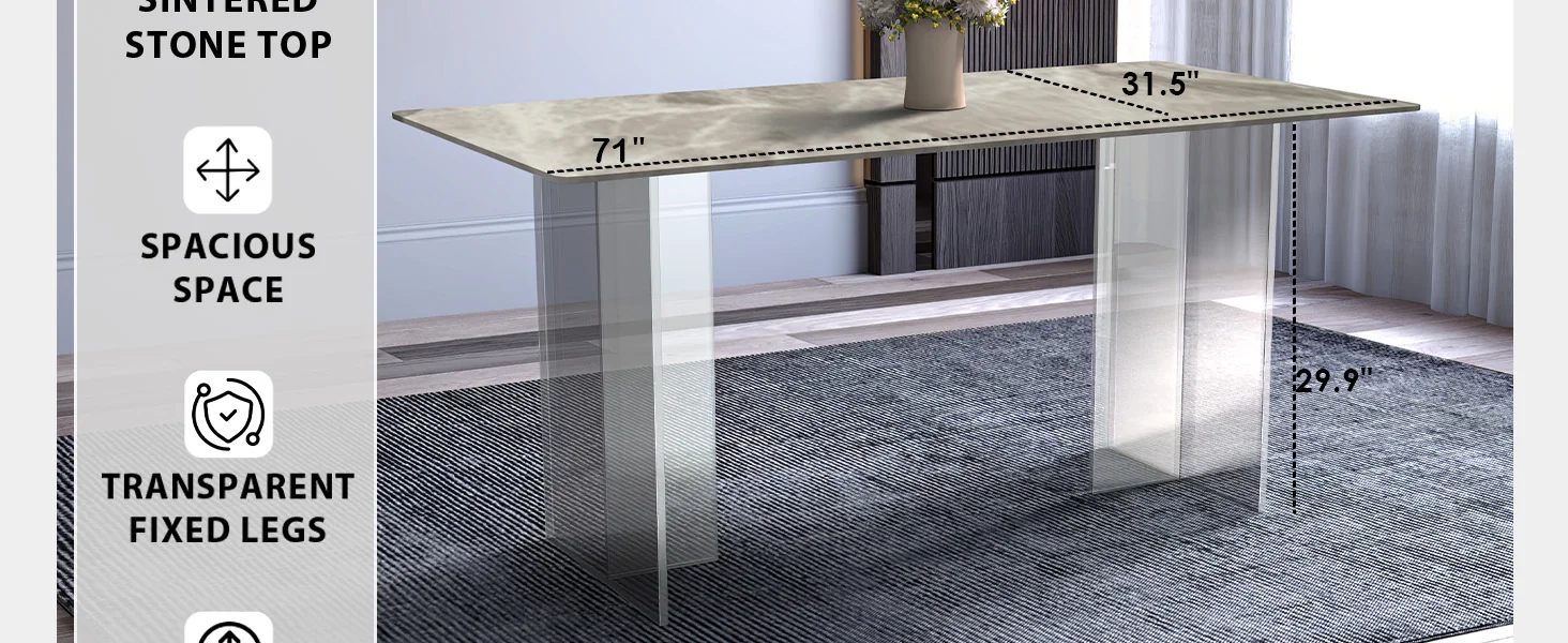 Kova Series Dining Table, Clear Base with 62" Deep Grey Sintered Stone Top
