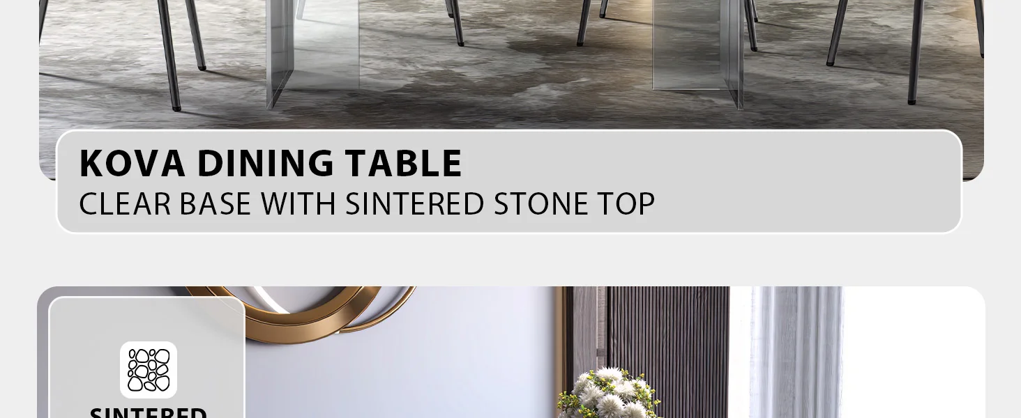 Kova Series Dining Table, Clear Base with 62" Deep Grey Sintered Stone Top