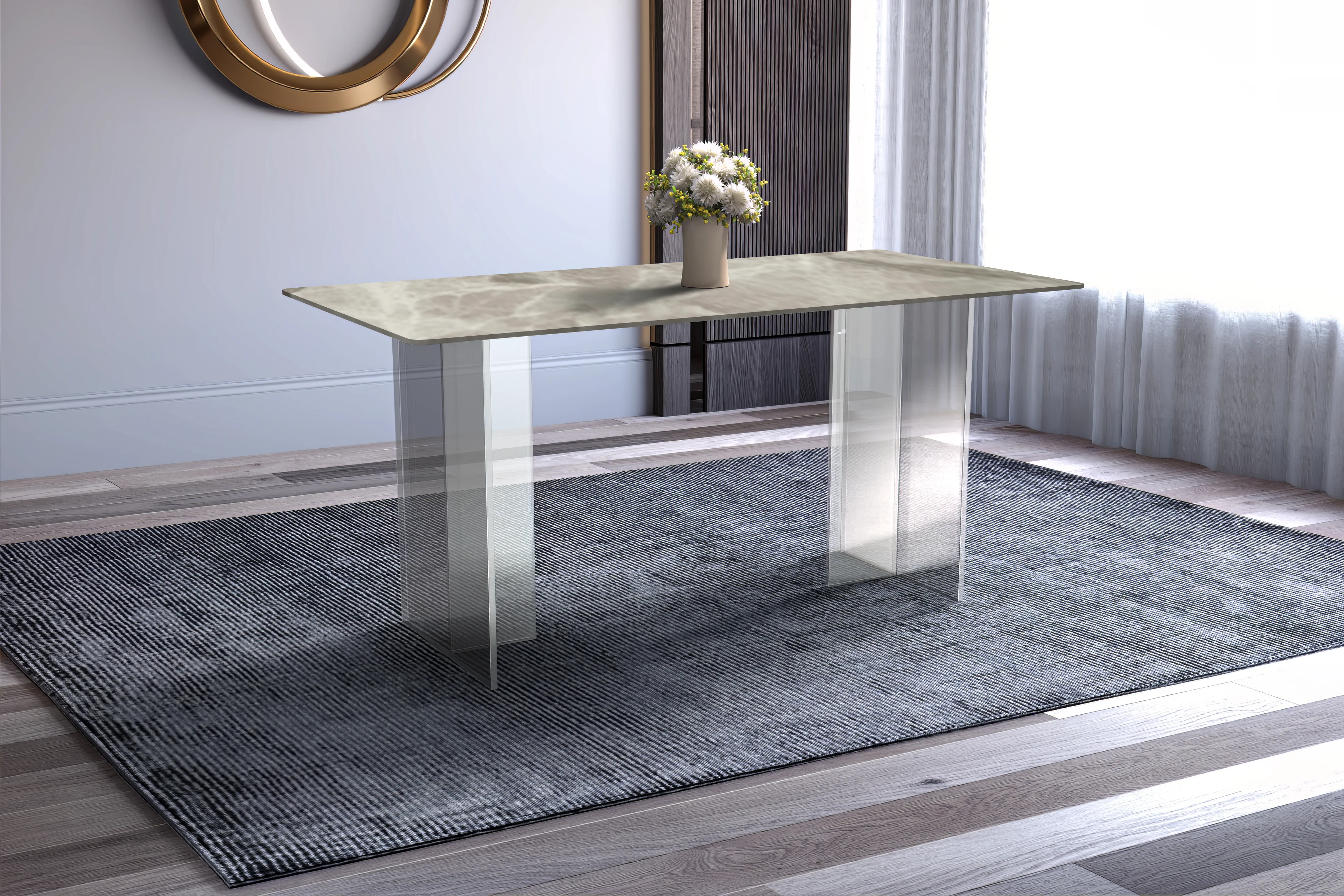 Kova Series Dining Table, Clear Base with 62" Deep Grey Sintered Stone Top