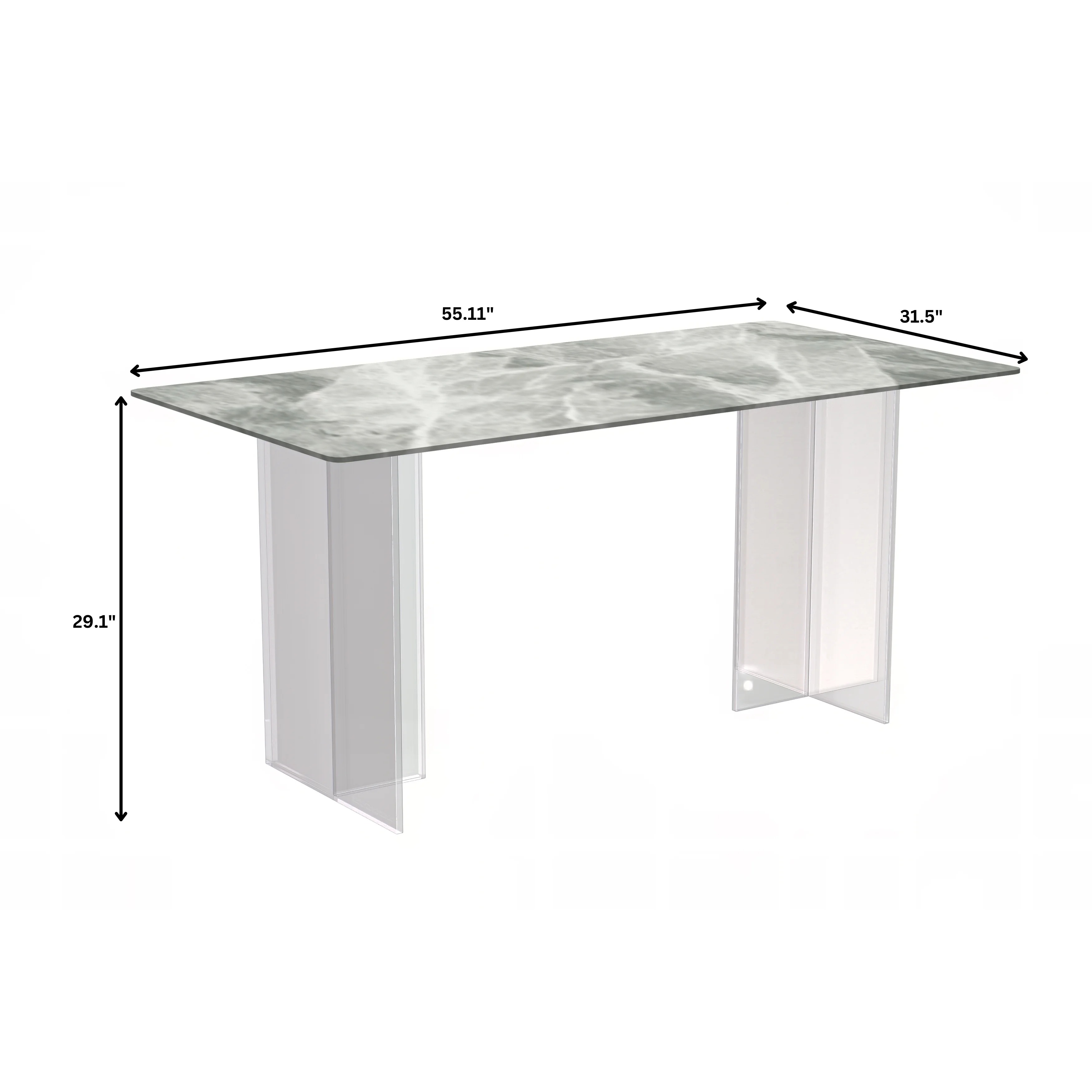 Kova Series Dining Table, Clear Base with 62" Light Grey Sintered Stone Top