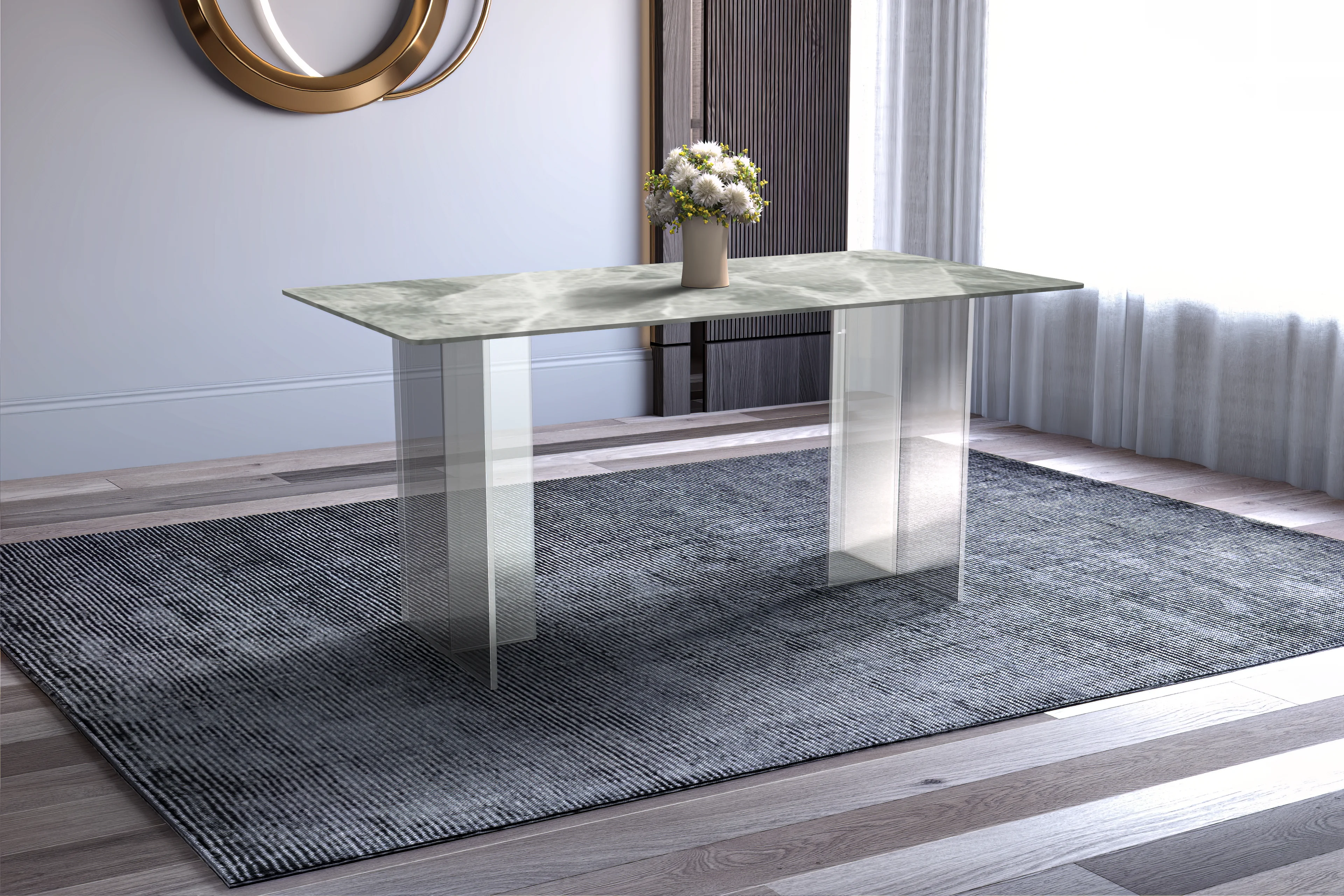 Kova Series Dining Table, Clear Base with 62" Light Grey Sintered Stone Top