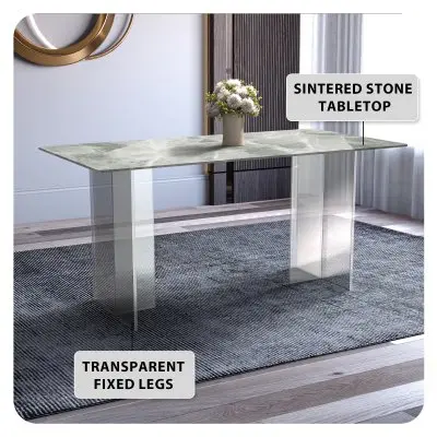 Kova Series Dining Table, Clear Base with 62" Light Grey Sintered Stone Top