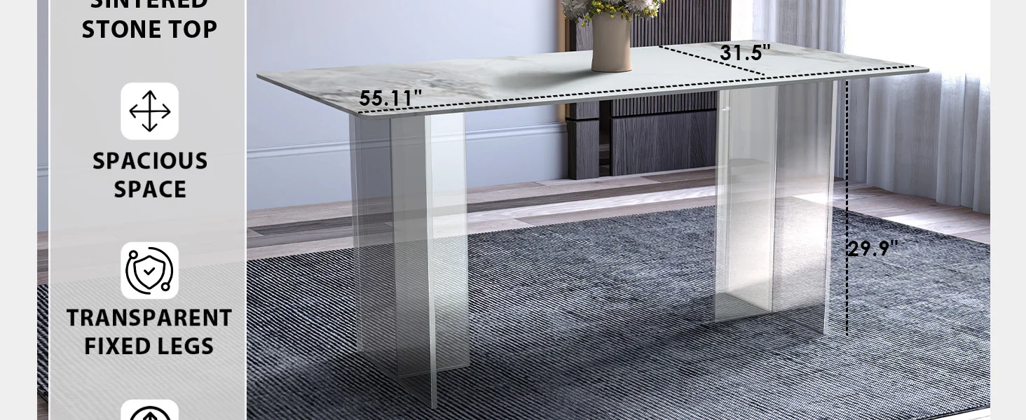 Kova Series Dining Table, Clear Base with 62" Medium Grey Sintered Stone Top
