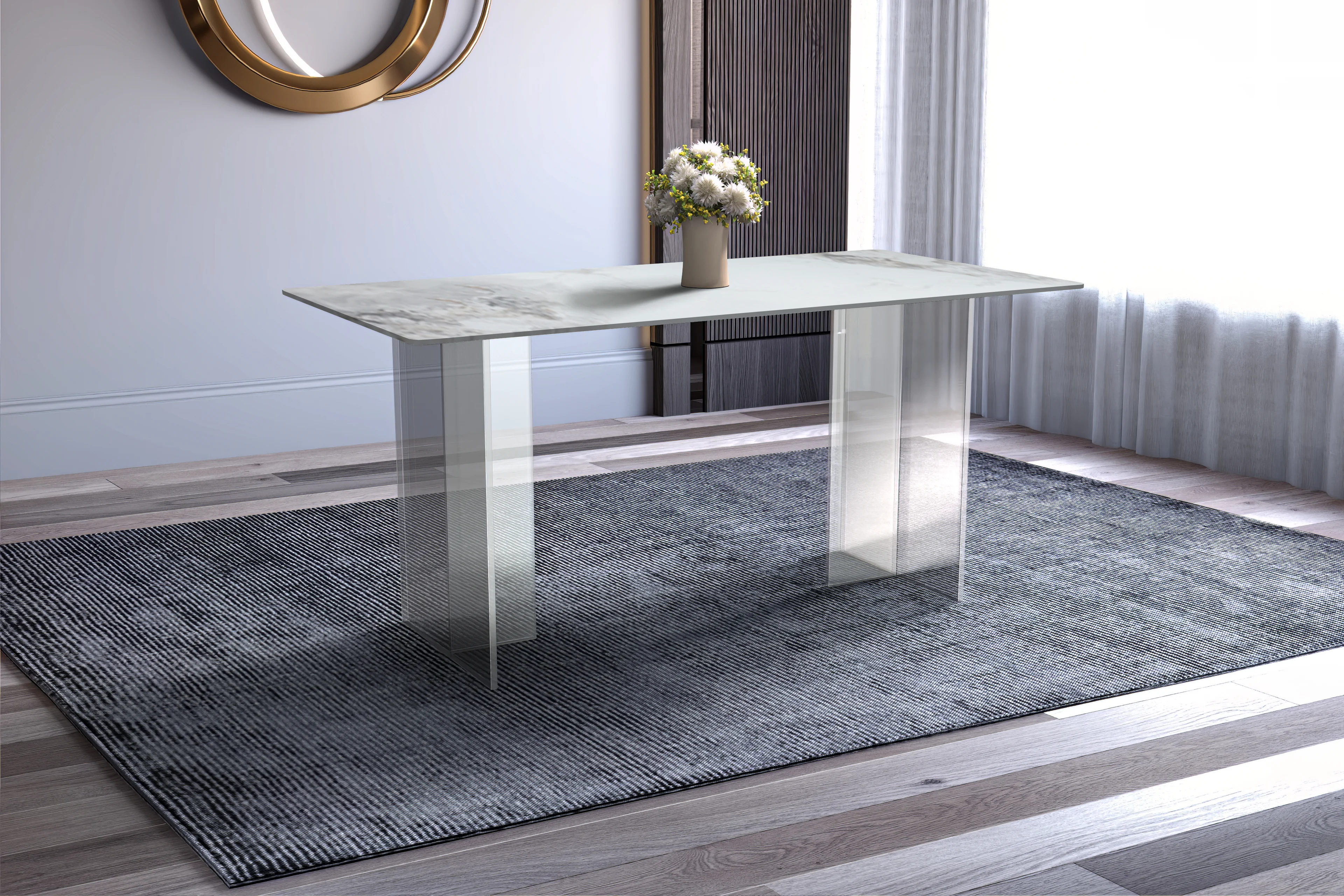 Kova Series Dining Table, Clear Base with 62" Medium Grey Sintered Stone Top
