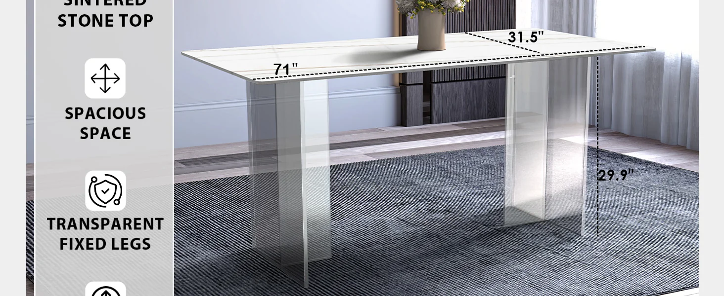 Kova Series Dining Table, Clear Base with 62" White/Gold Sintered Stone Top