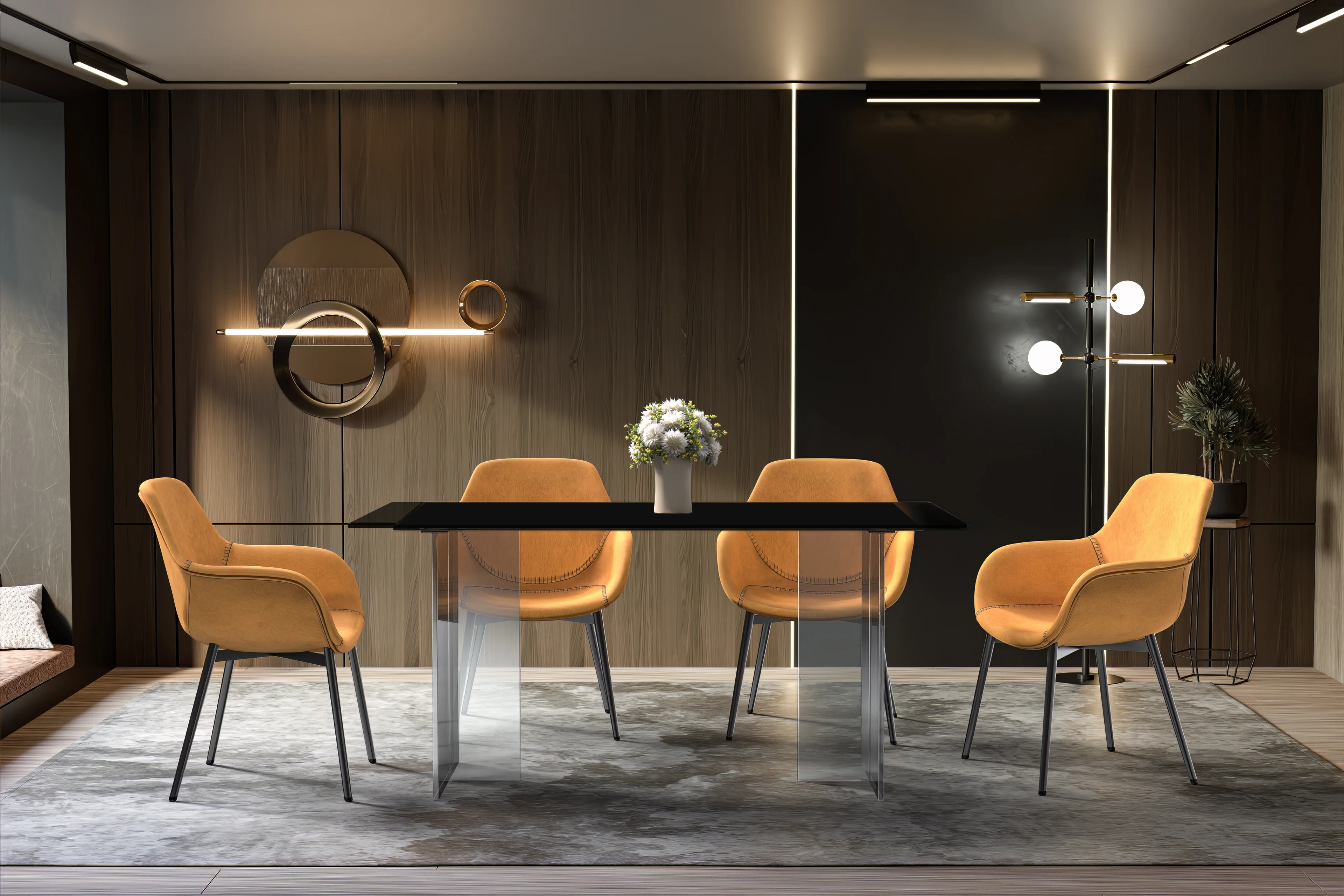 Kova Series Dining Table, Clear Base with 71" Black Glass Top