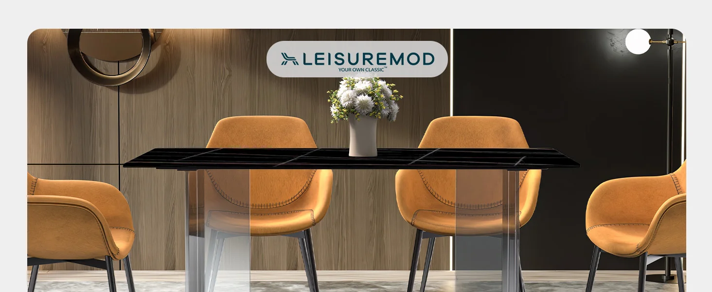 Kova Series Dining Table, Clear Base with 71" Black/Gold Sintered Stone Top