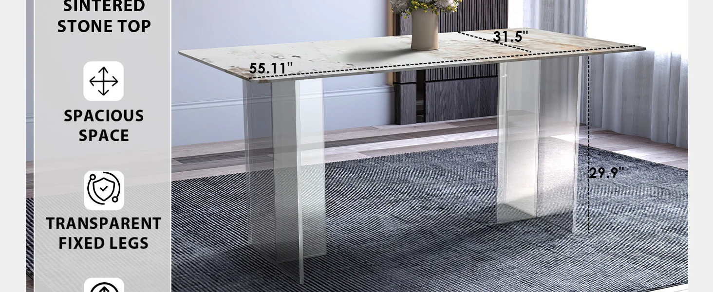 Kova Series Dining Table, Clear Base with 71" White Grey Sintered Stone Top