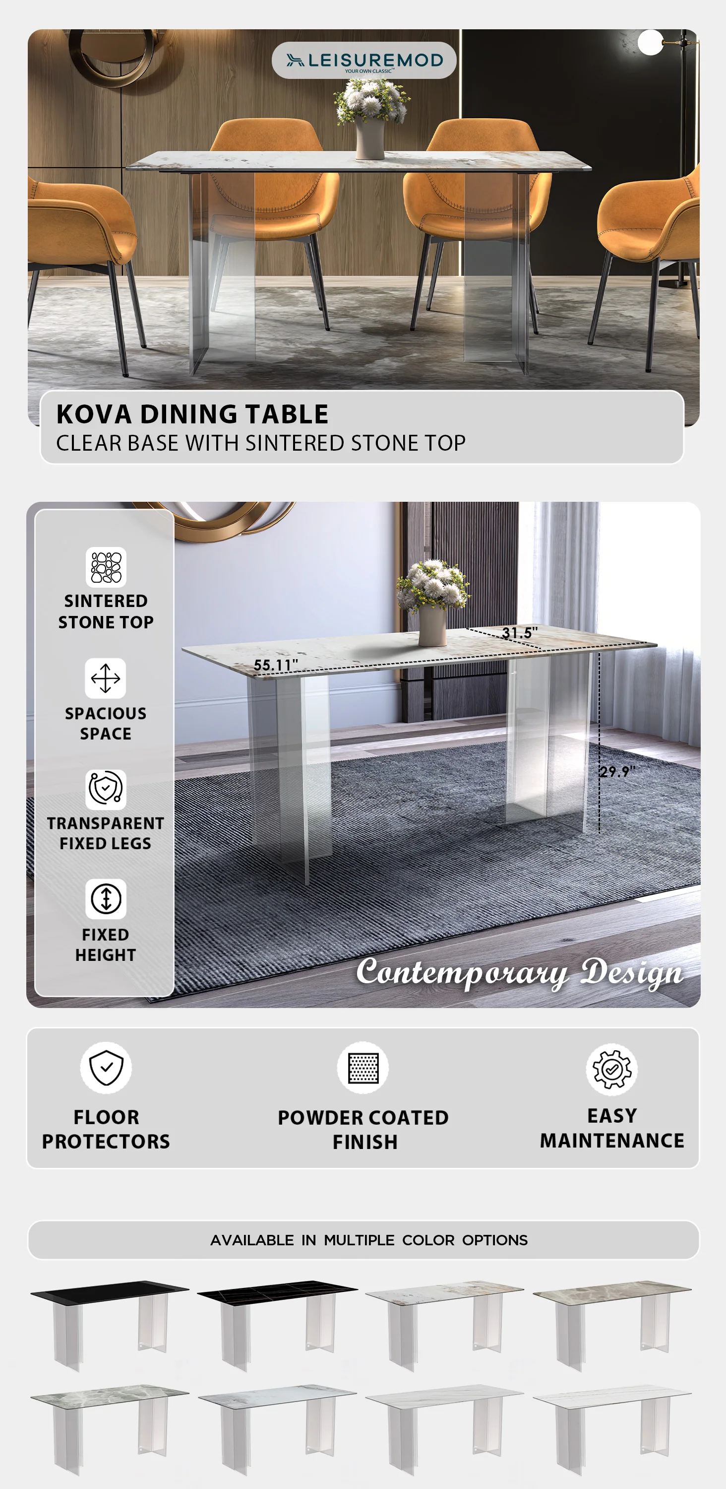 Kova Series Dining Table, Clear Base with 71" White Grey Sintered Stone Top