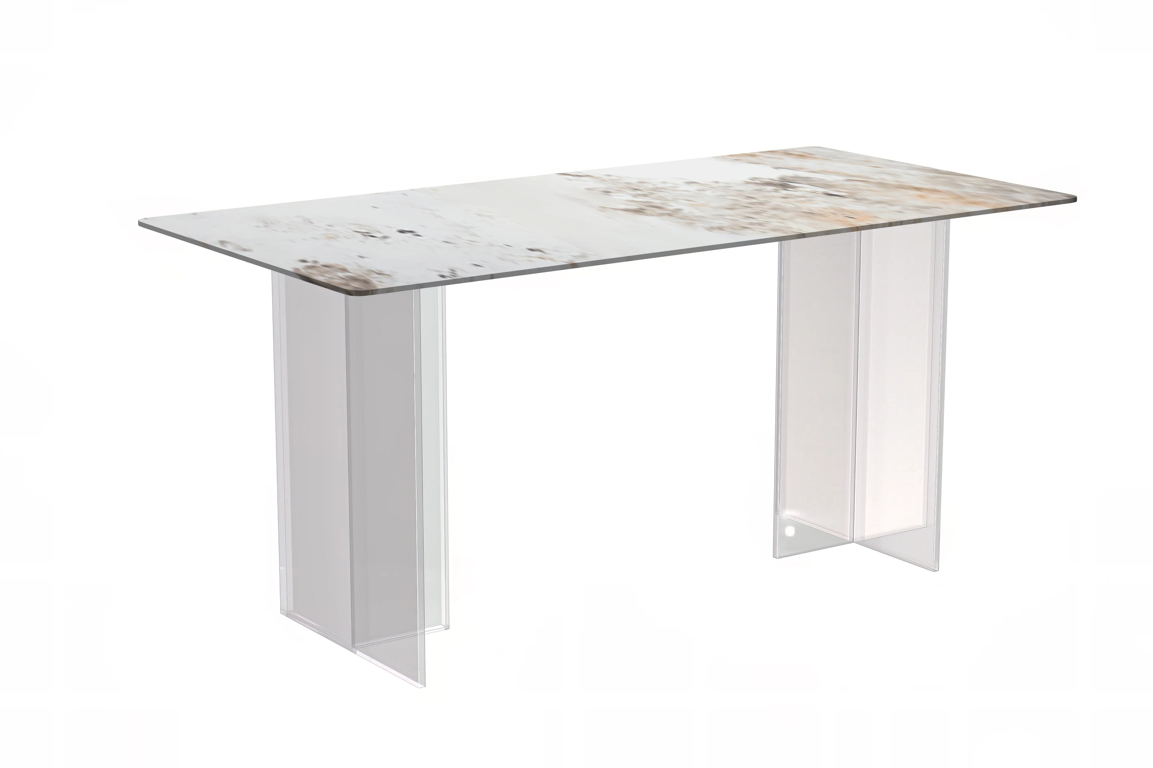 Kova Series Dining Table, Clear Base with 71" White Grey Sintered Stone Top