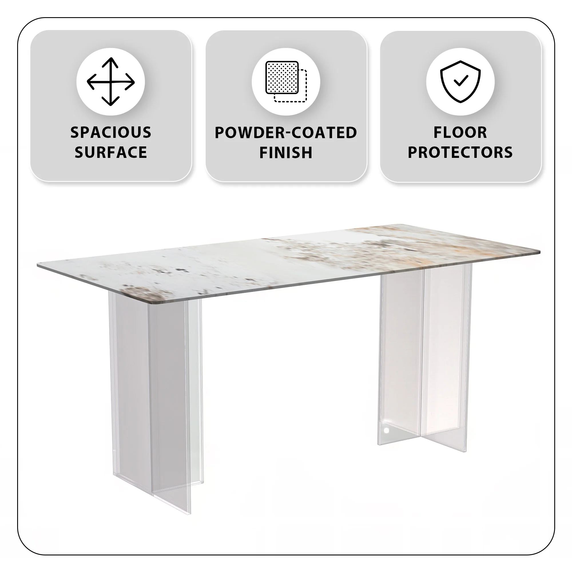 Kova Series Dining Table, Clear Base with 71" White Grey Sintered Stone Top