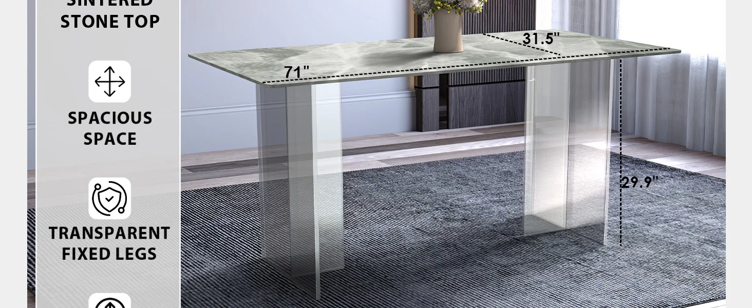 Kova Series Dining Table, Clear Base with 71" Light Grey Sintered Stone Top