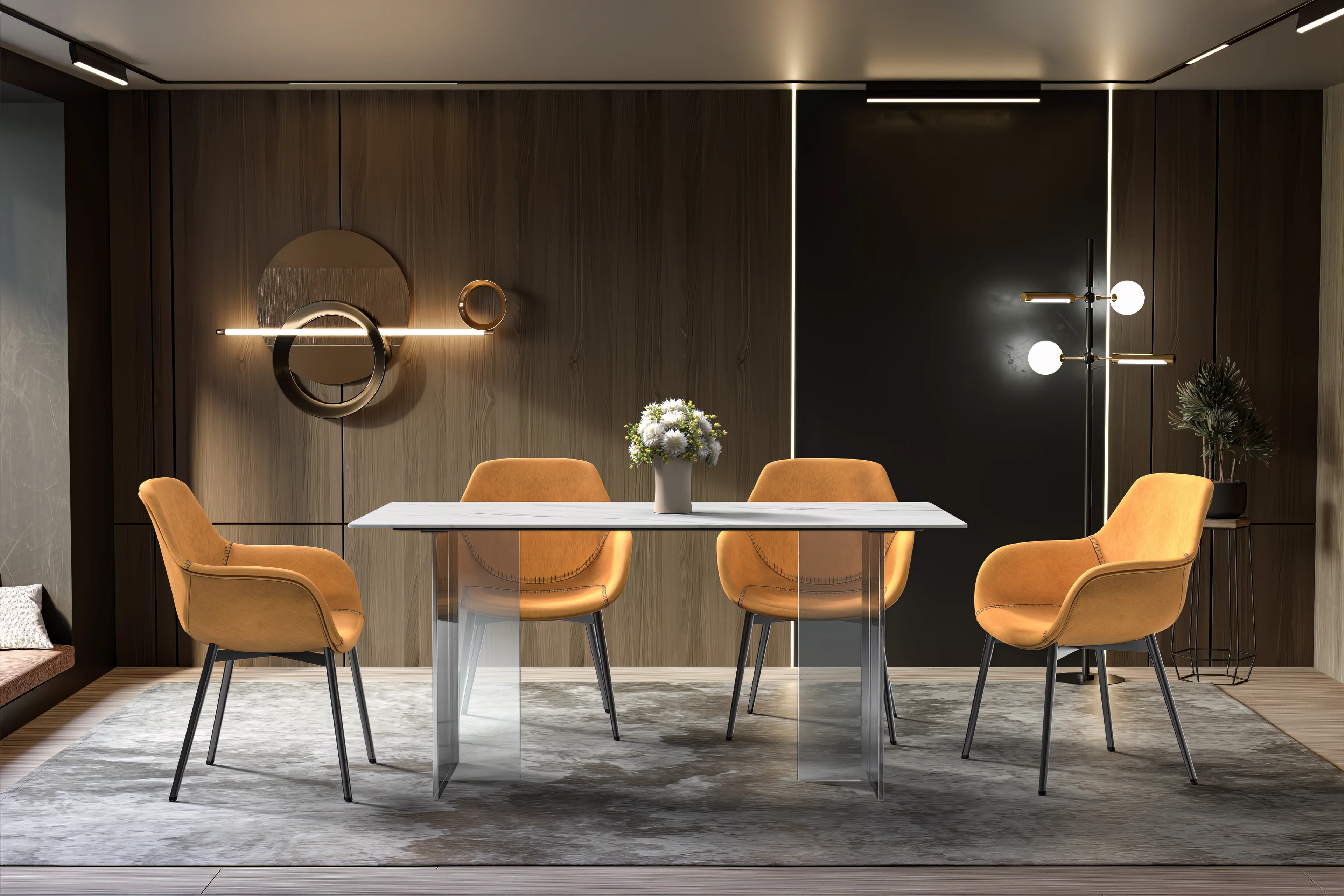 Kova Series Dining Table, Clear Base with 71" White Sintered Stone Top