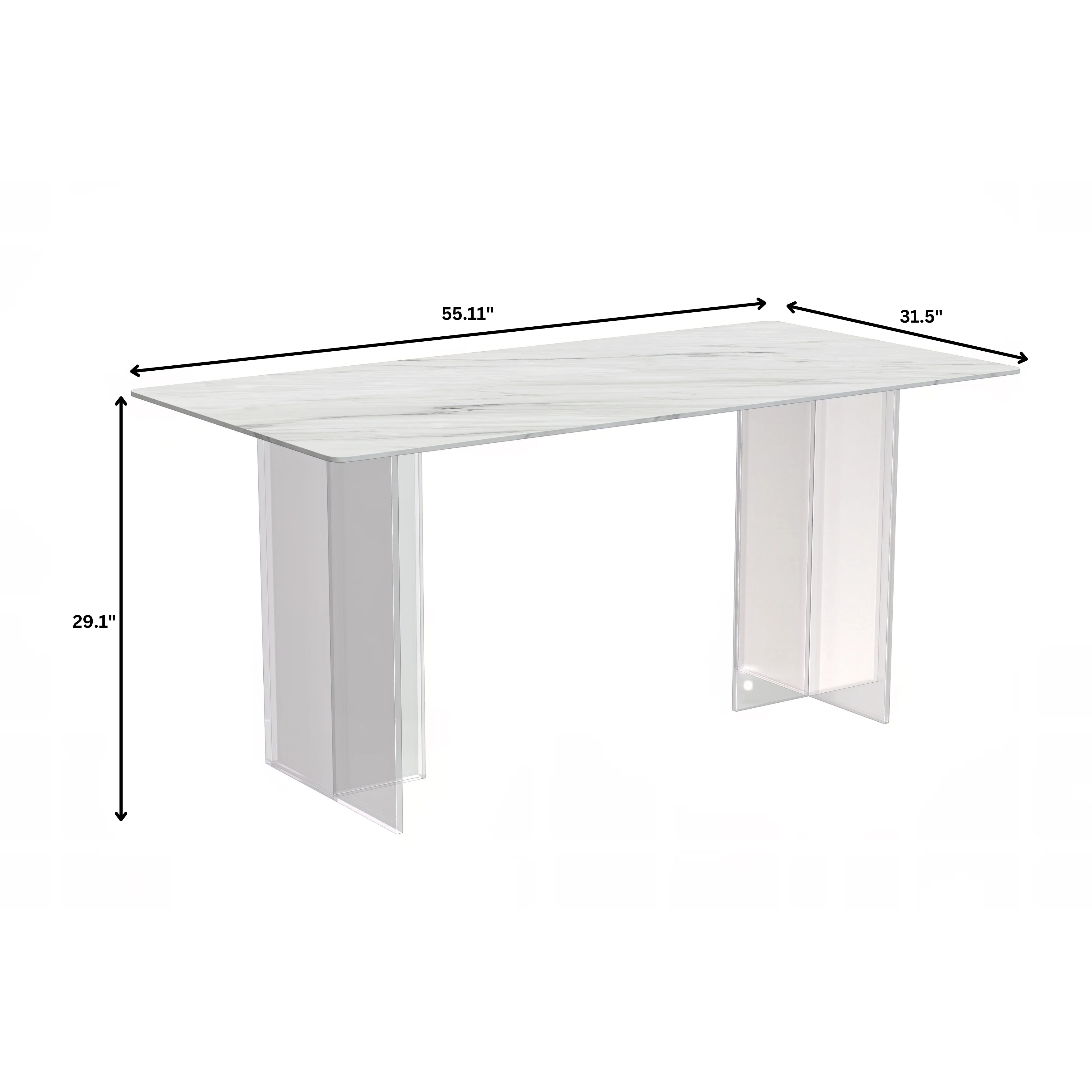 Kova Series Dining Table, Clear Base with 71" White Sintered Stone Top