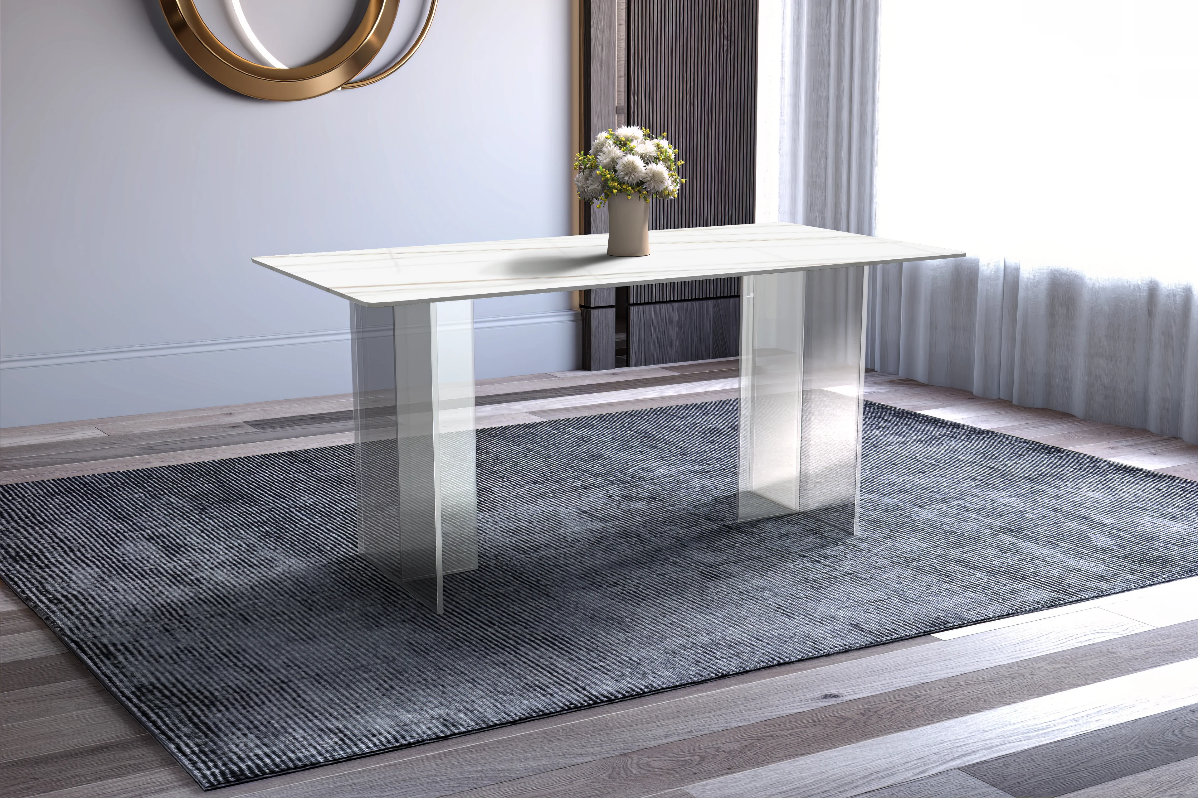 Kova Series Dining Table, Clear Base with 71" White/Gold Sintered Stone Top