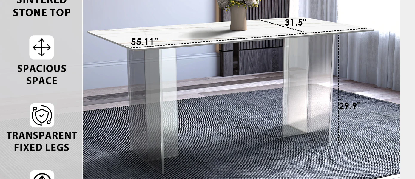 Kova Series Dining Table, Clear Base with 71" White/Gold Sintered Stone Top