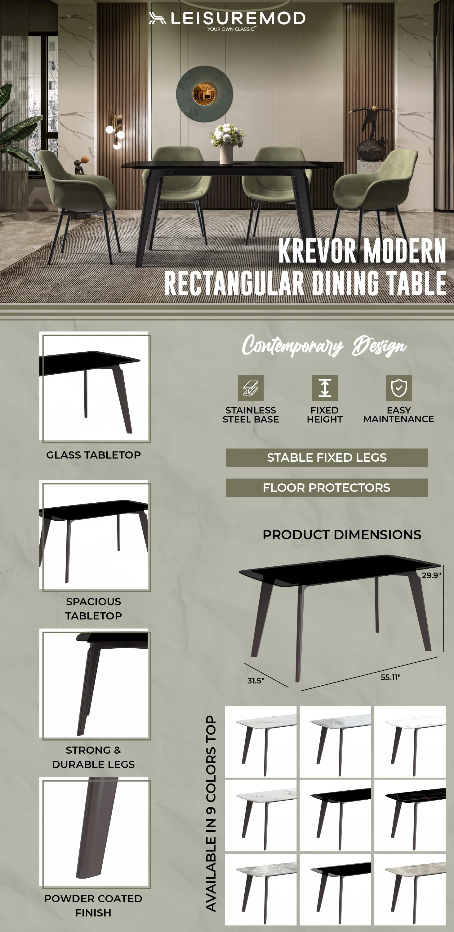 Krevor Series Modern Dining Table Silver Base, With 55 Black Glass Top