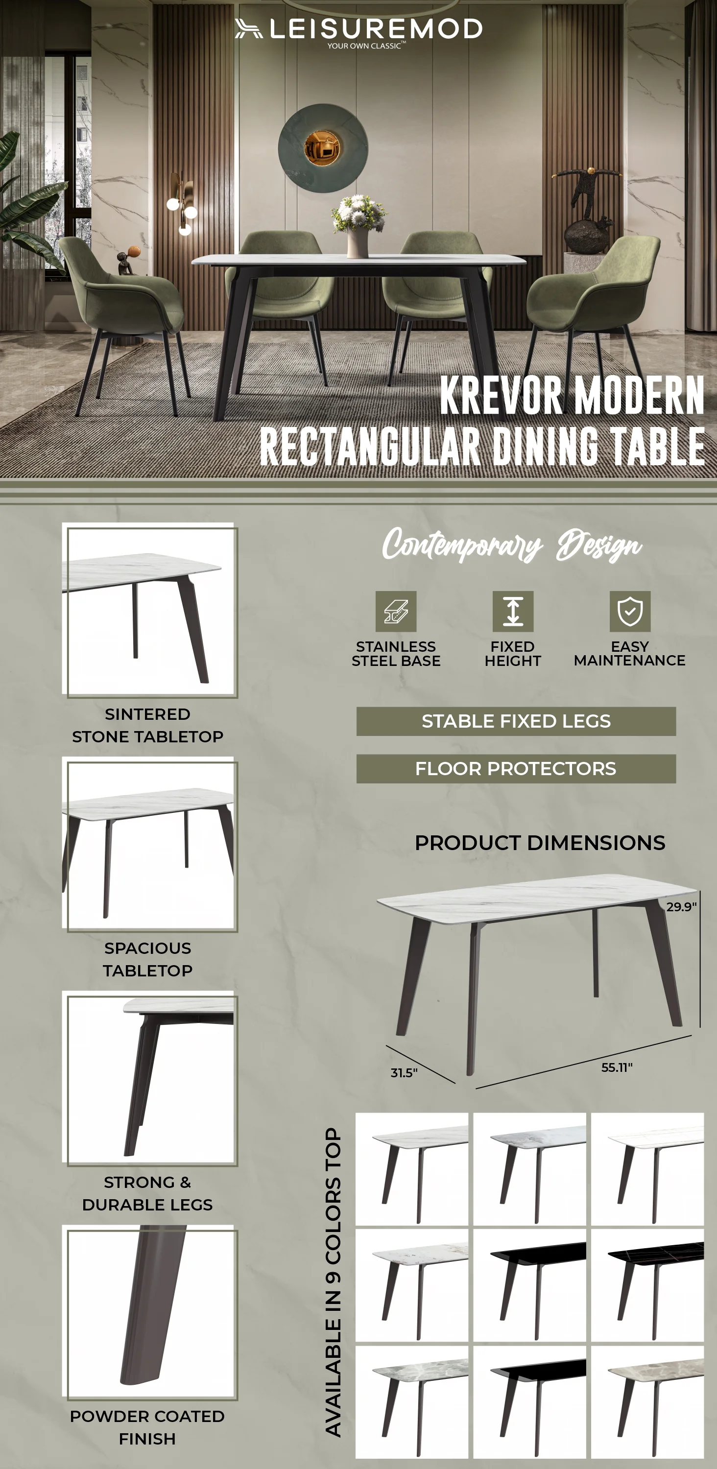 Krevor Series Modern Dining Table Silver Base, With 55 White Sintered Stone Top