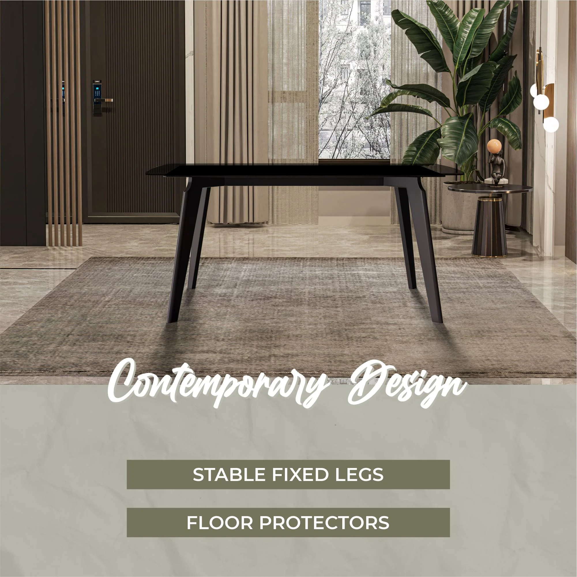 Krevor Series Modern Dining Table Silver Base, With 62 Black Glass Top