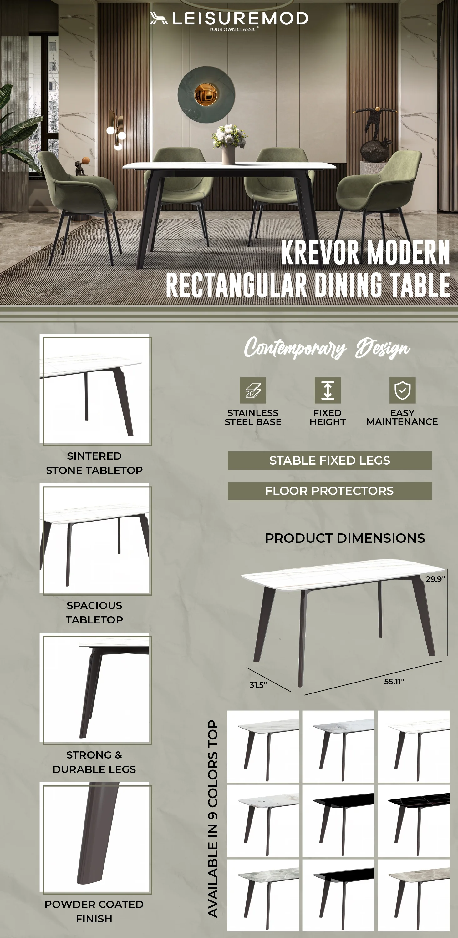 Krevor Series Modern Dining Table Silver Base, With 62 White/Gold Sintered Stone Top