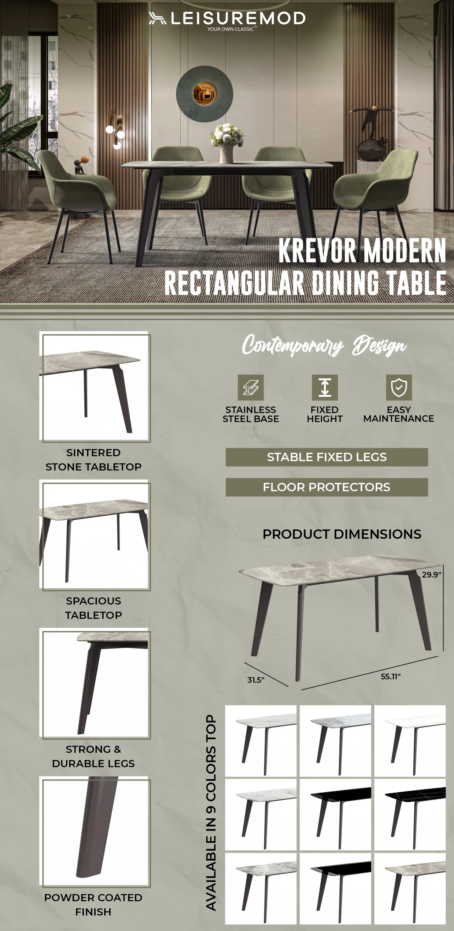 Krevor Series Modern Dining Table Silver Base, With 71 Deep Grey Sintered Stone Top