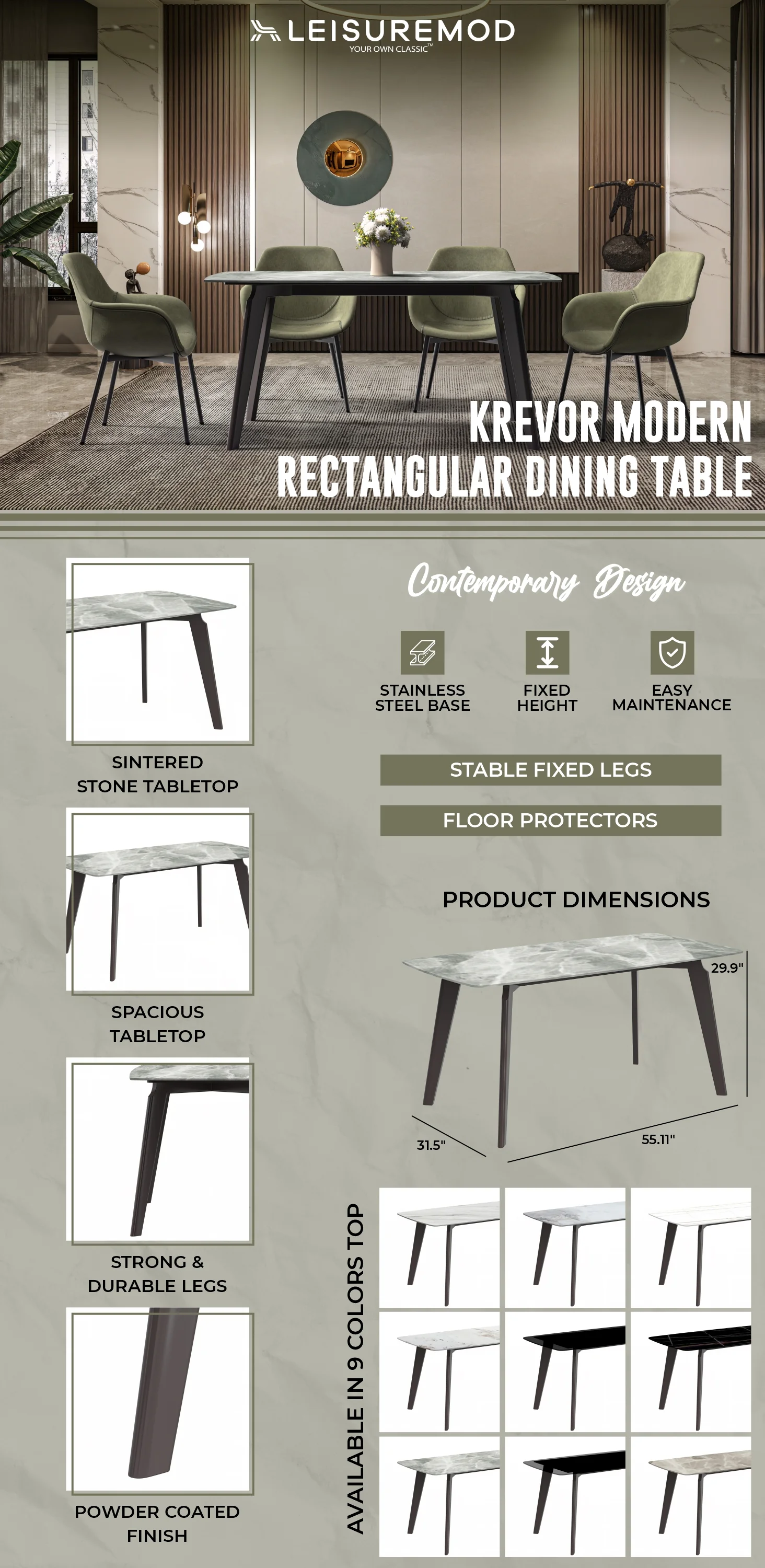 Krevor Series Modern Dining Table Silver Base, With 71 Light Grey Sintered Stone Top