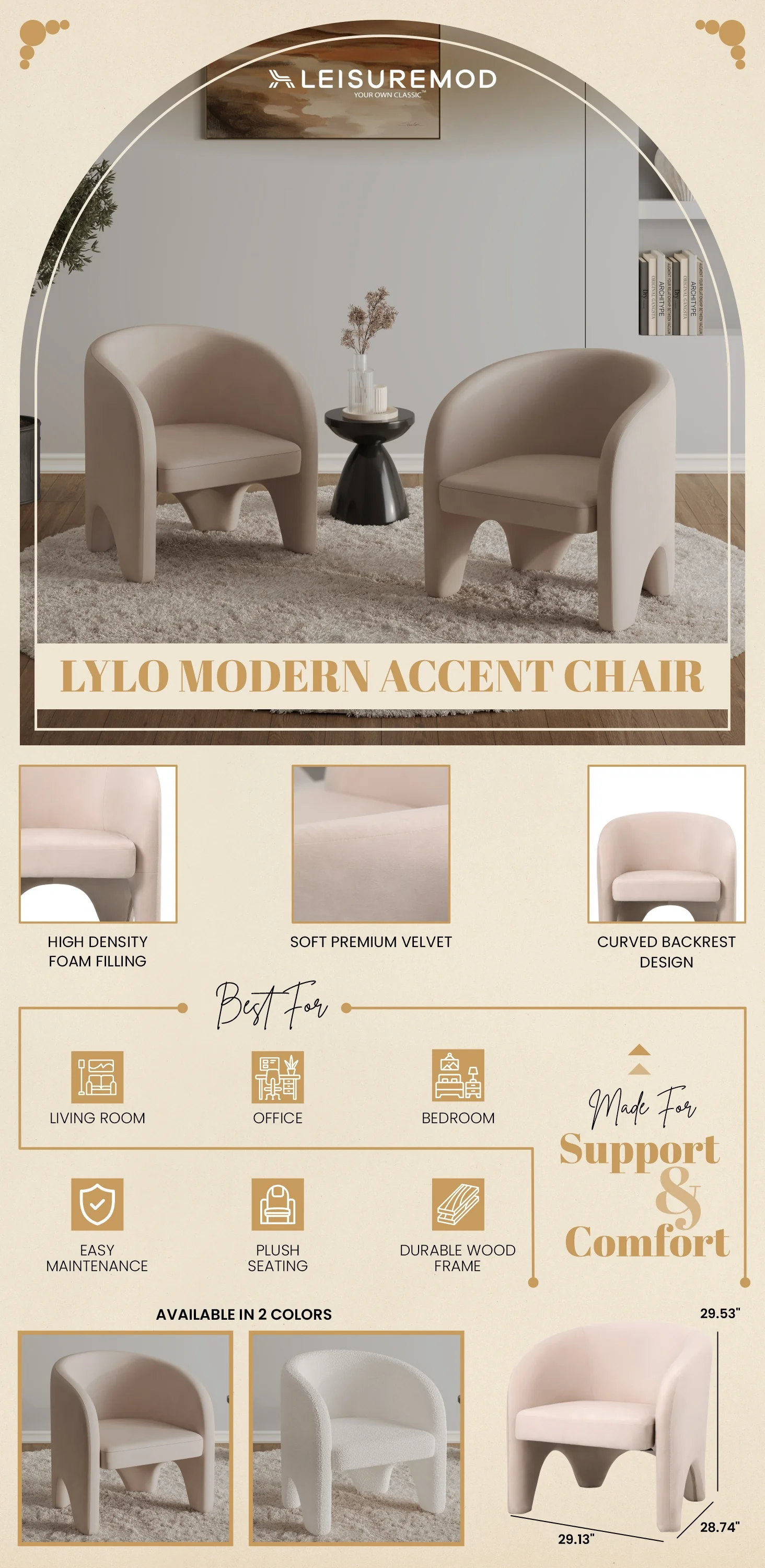 Lylo Collection Modern Accent Chair In Beige Velvet
