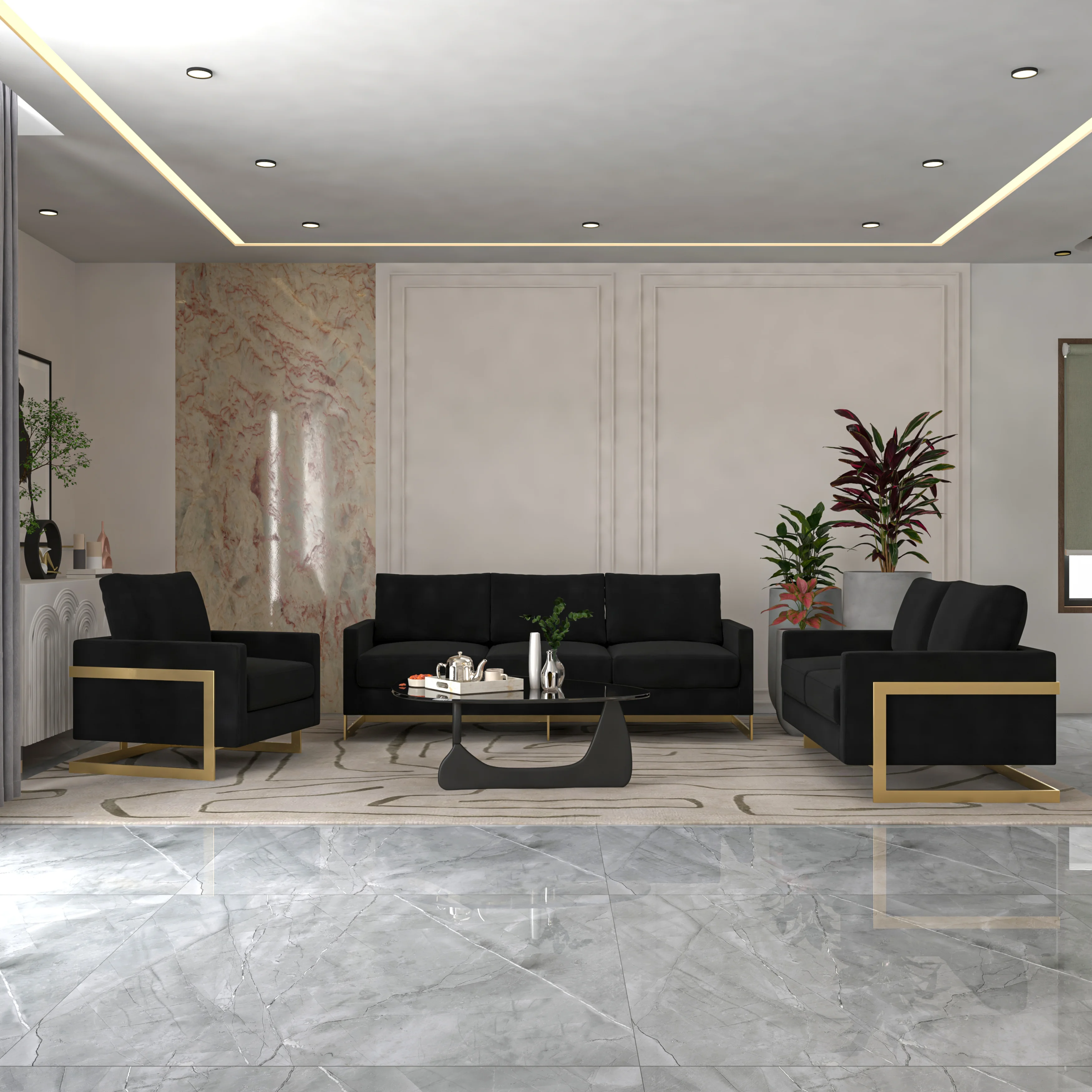 Lincoln 3-Piece Velvet Living Room Sofa Set With Gold Frame