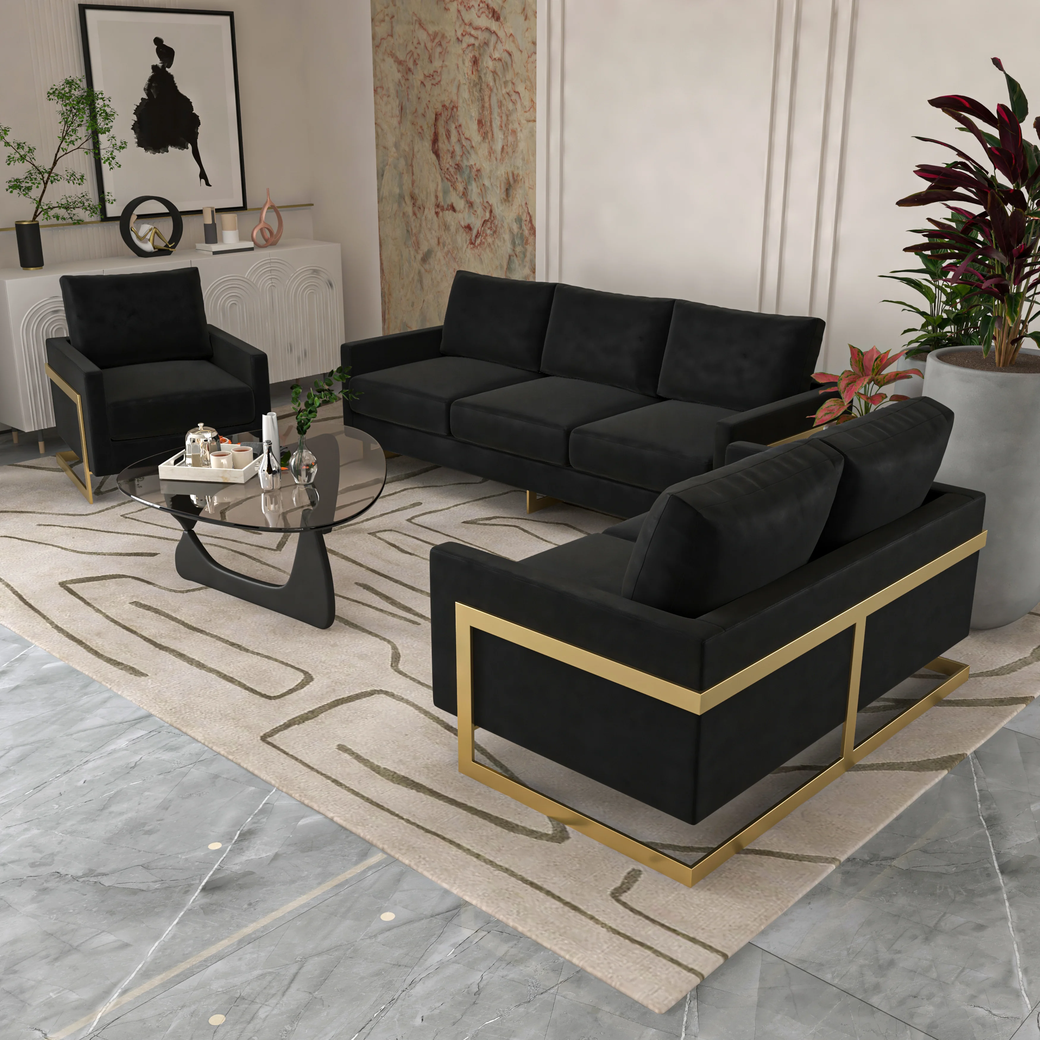Lincoln 3-Piece Velvet Living Room Sofa Set With Gold Frame