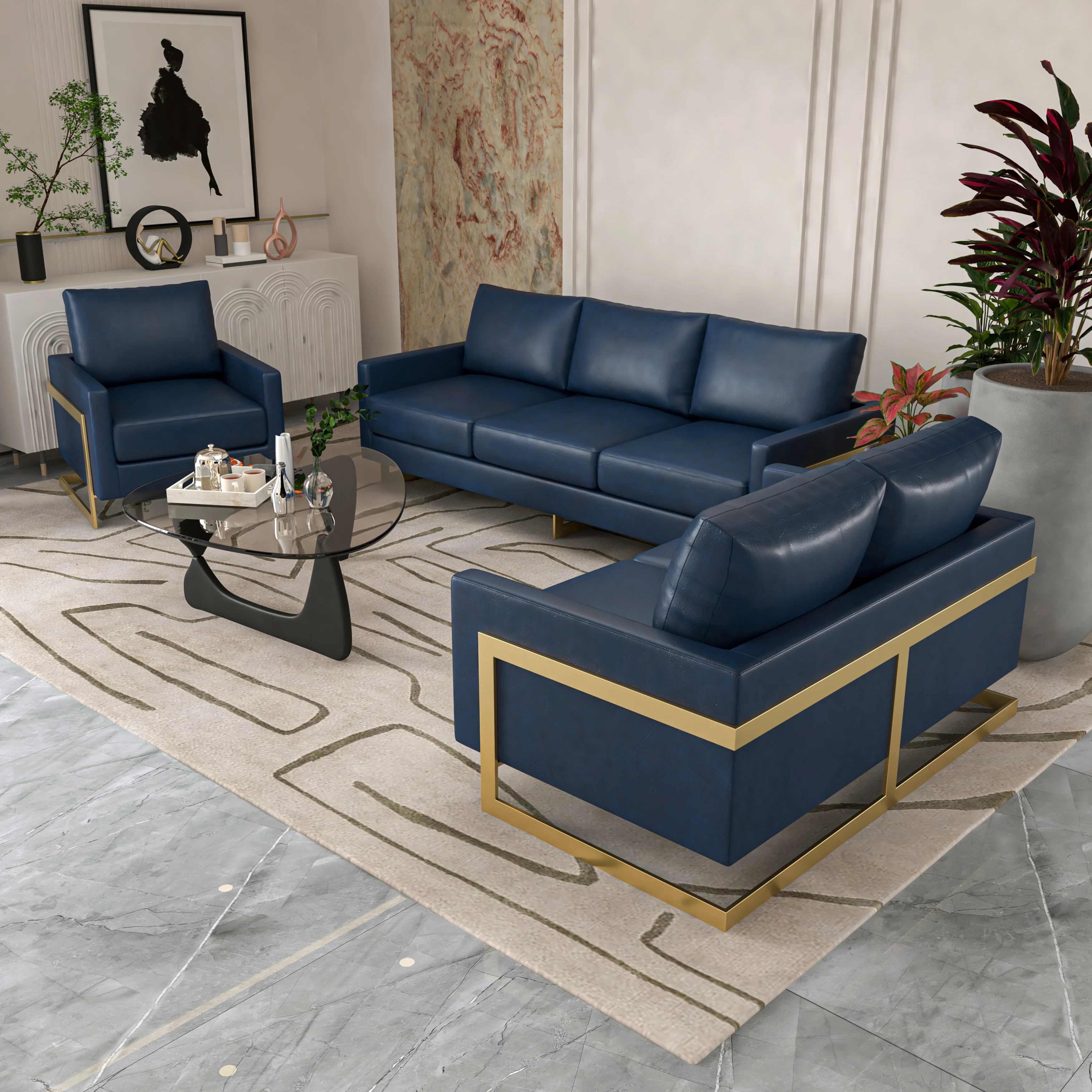 Lincoln 3-Piece Velvet Living Room Sofa Set With Gold Frame Navy Blue