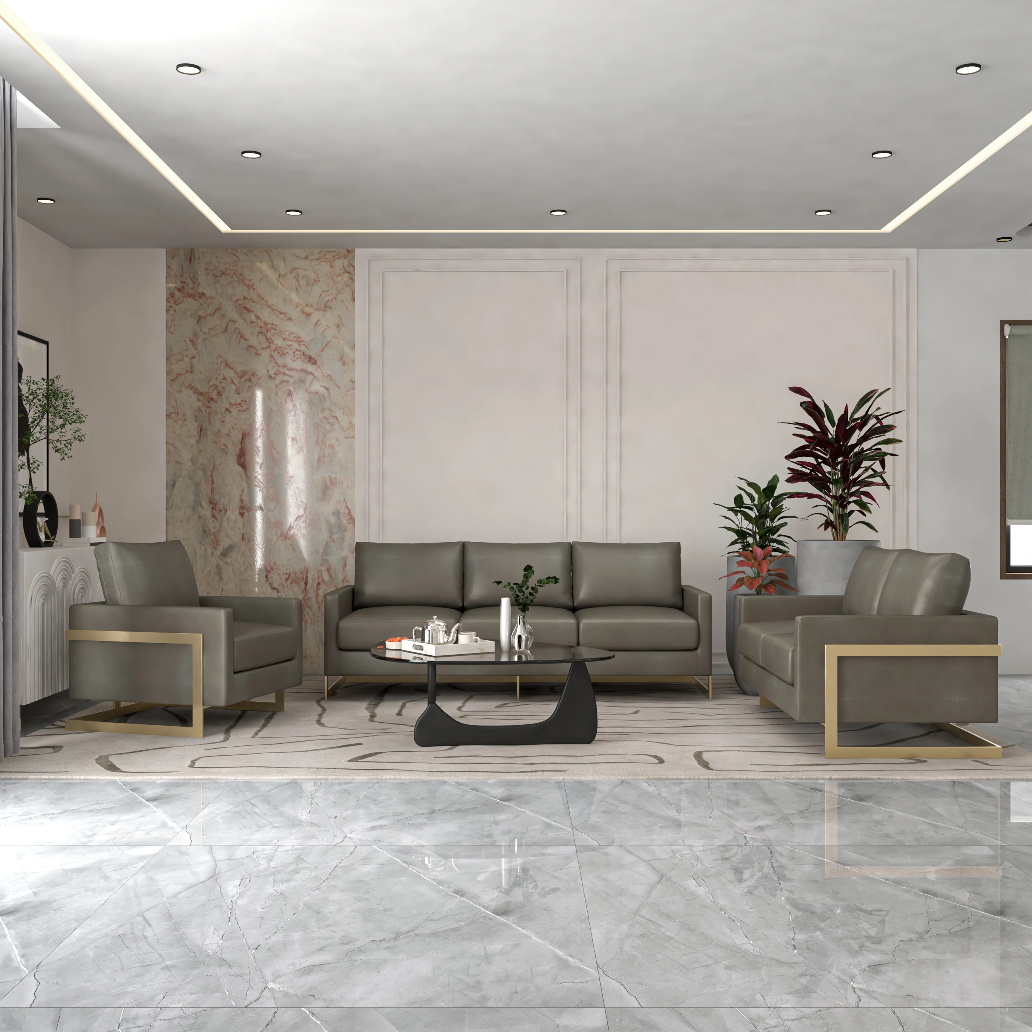 Lincoln 3-Piece Velvet Living Room Sofa Set With Gold Frame Grey