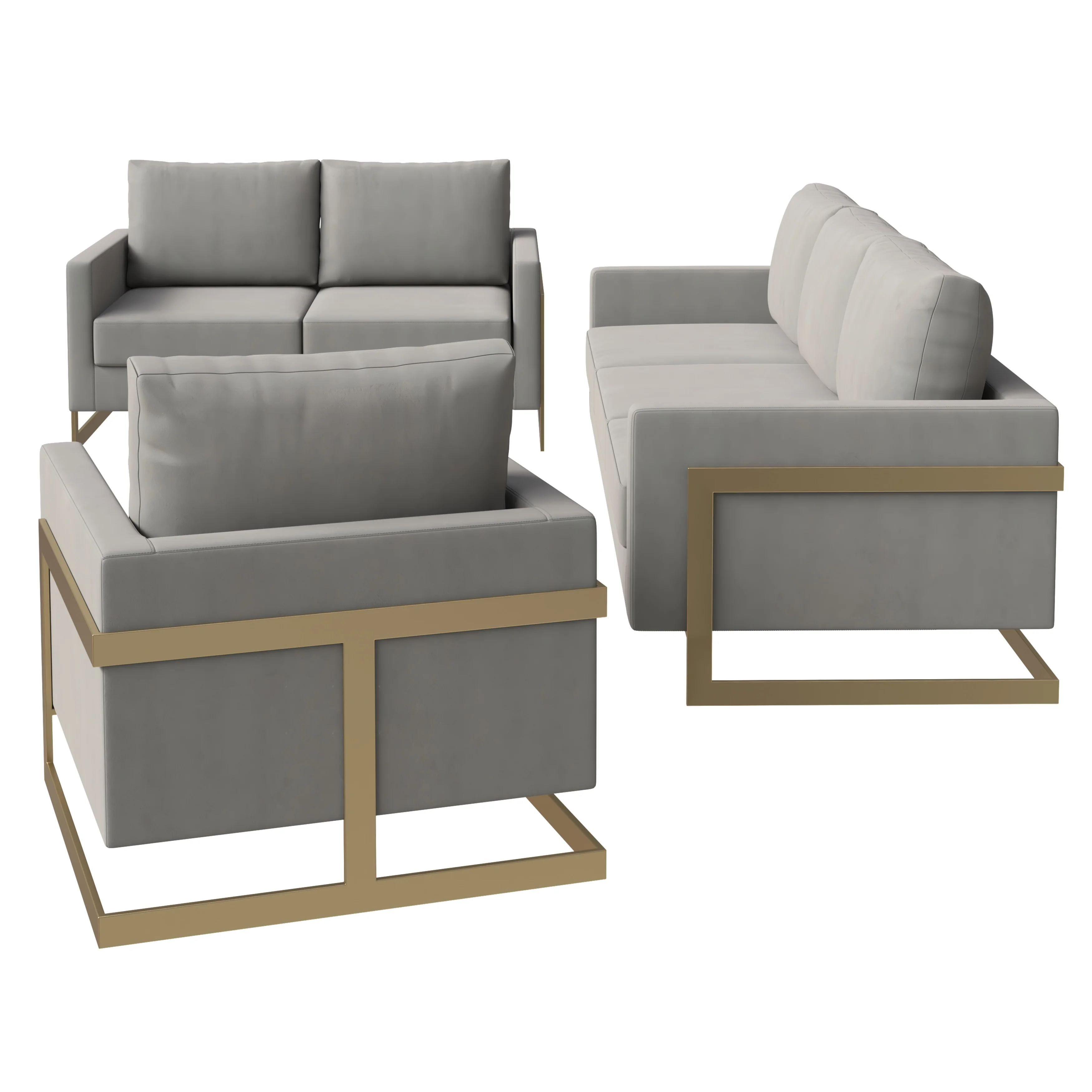 Lincoln 3-Piece Velvet Living Room Sofa Set With Gold Frame