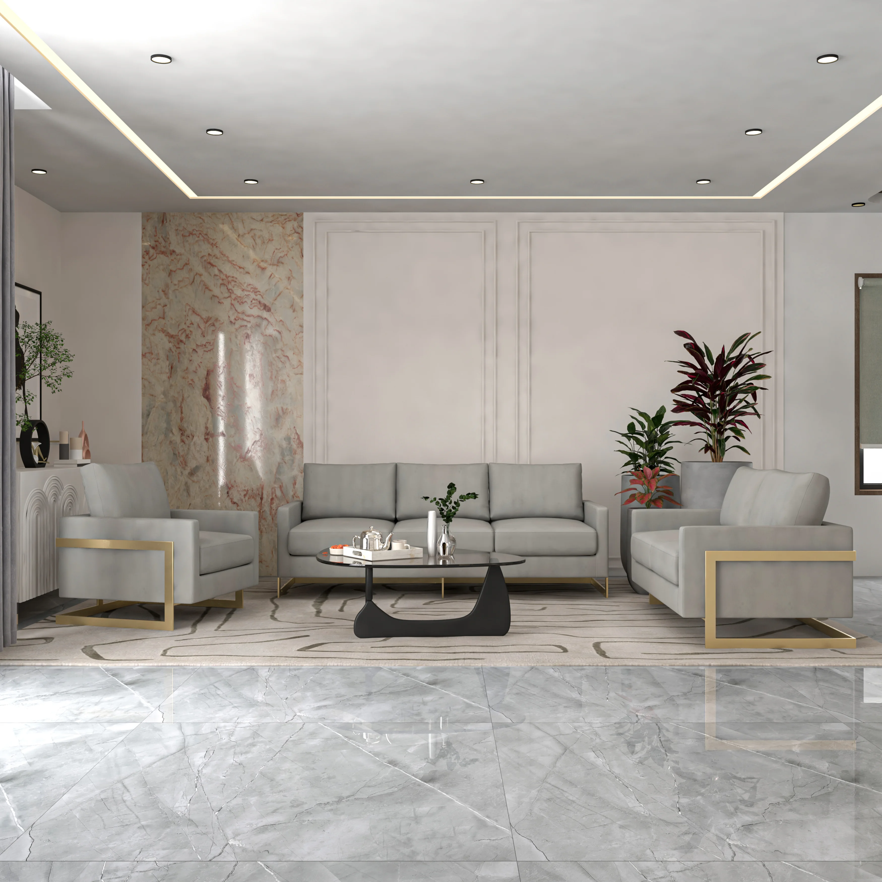 Lincoln 3-Piece Velvet Living Room Sofa Set With Gold Frame