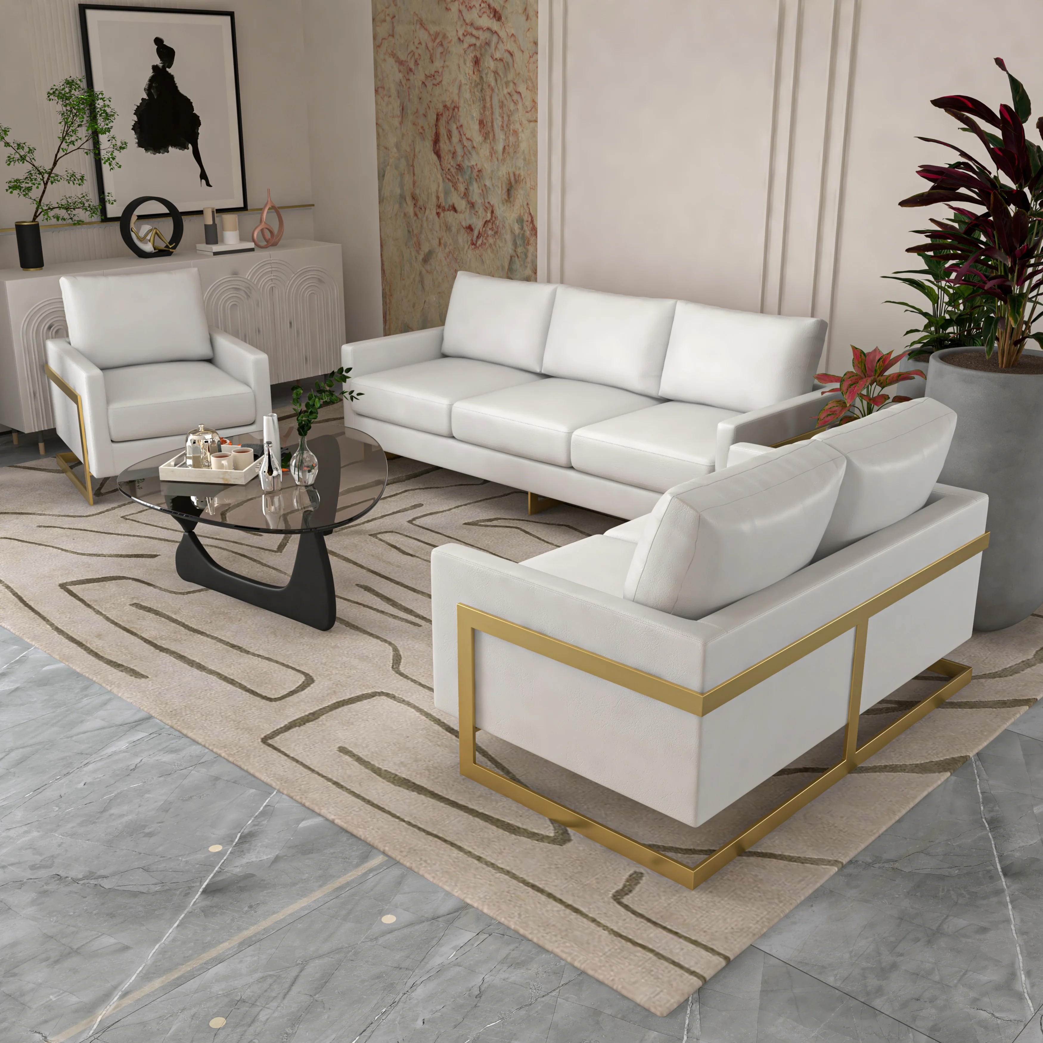 Lincoln 3-Piece Velvet Living Room Sofa Set With Gold Frame White