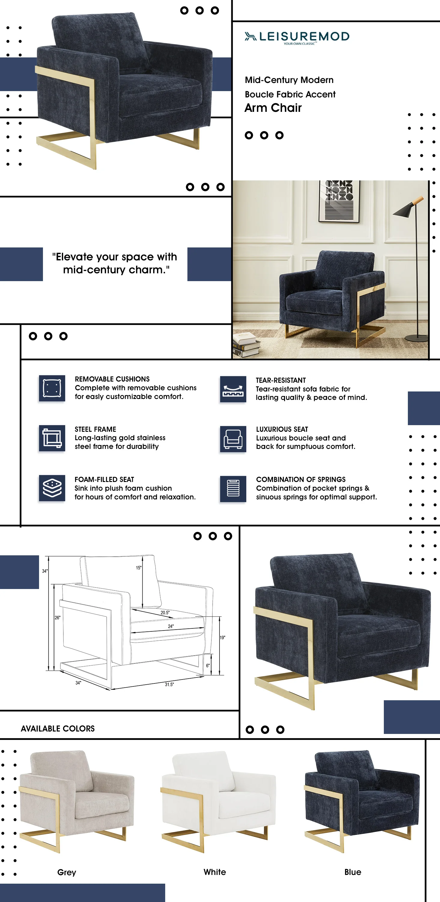 Lincoln Boucle Fabric Accent Armchair with Gold Stainless Steel Frame and Removable Back Cushion in Blue