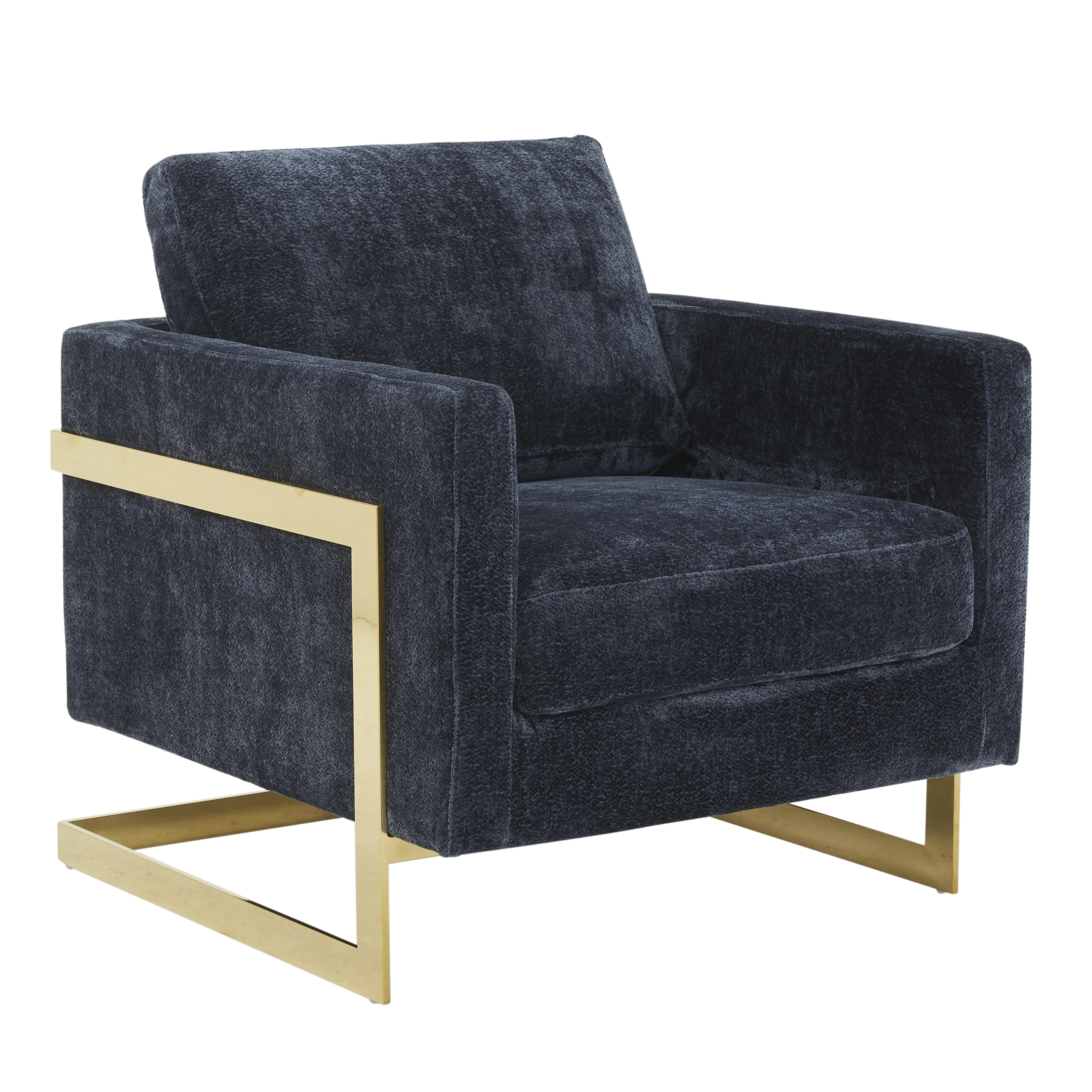 Lincoln Boucle Fabric Accent Armchair with Gold Stainless Steel Frame and Removable Back Cushion in Blue