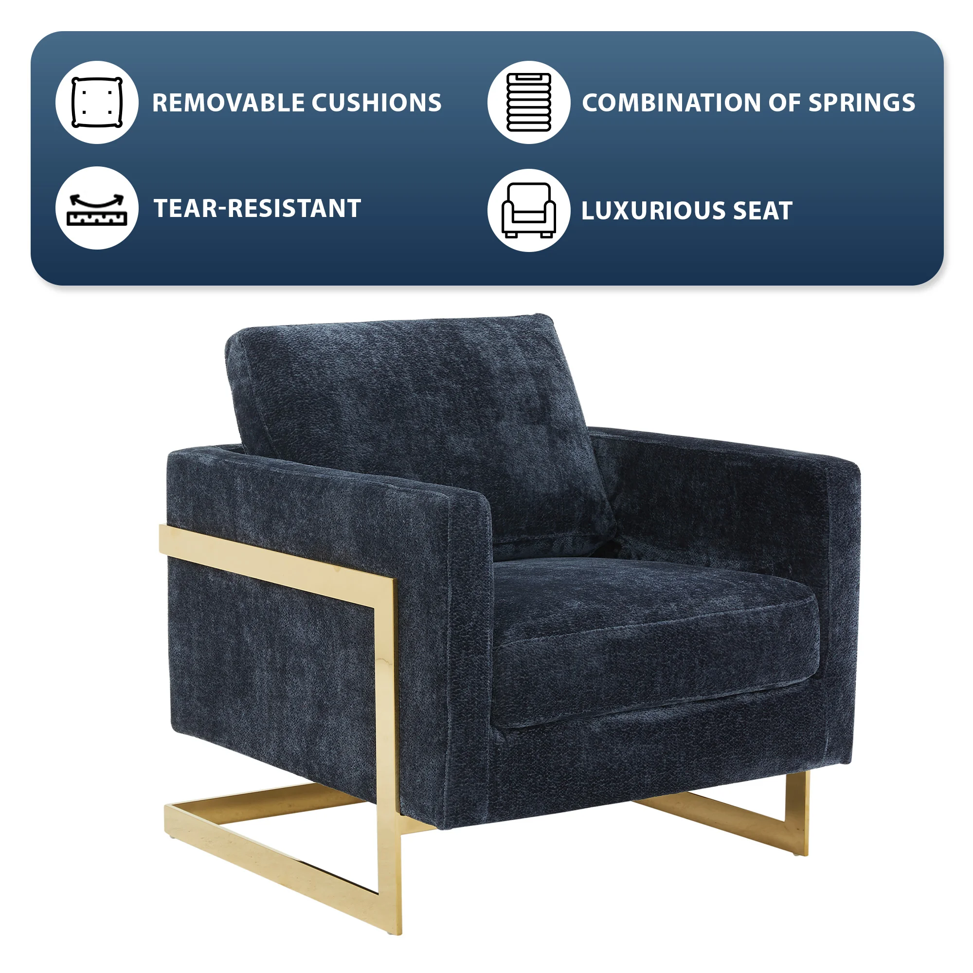 Lincoln Boucle Fabric Accent Armchair with Gold Stainless Steel Frame and Removable Back Cushion in Blue