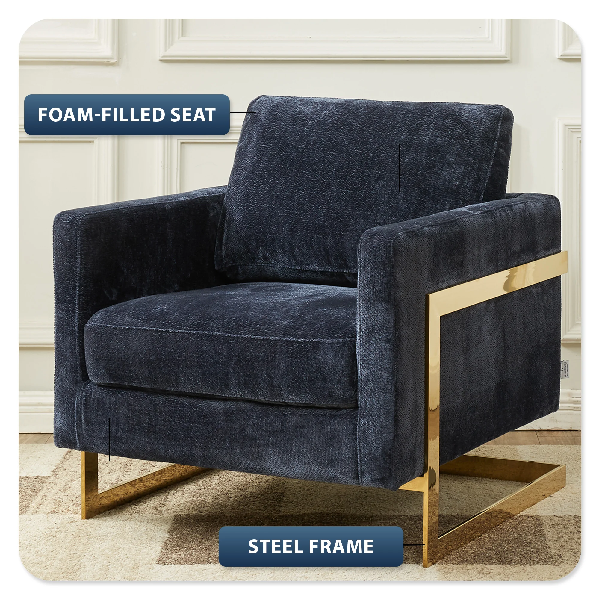 Lincoln Boucle Fabric Accent Armchair with Gold Stainless Steel Frame and Removable Back Cushion in Blue