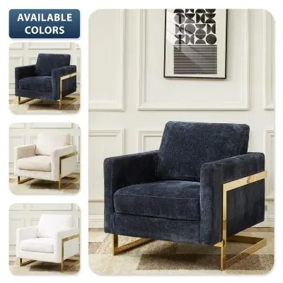Lincoln Boucle Fabric Accent Armchair with Gold Stainless Steel Frame and Removable Back Cushion in Blue