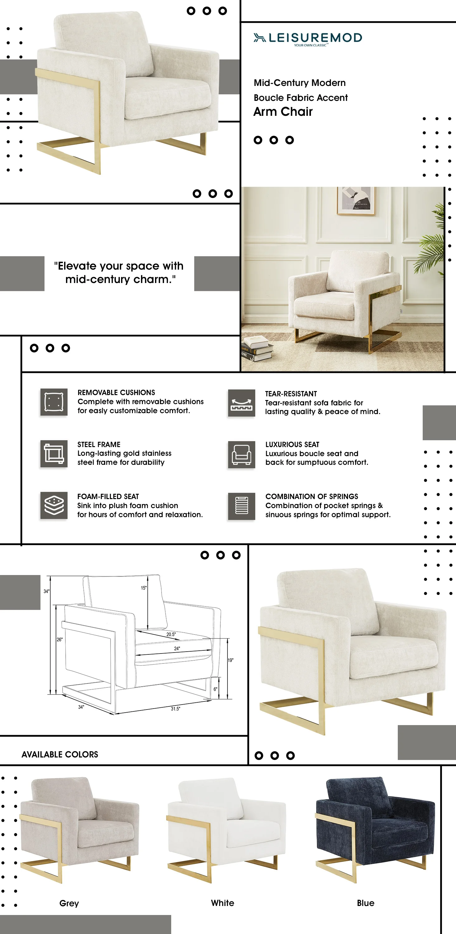 Lincoln Boucle Fabric Accent Armchair with Gold Stainless Steel Frame and Removable Back Cushion in Grey