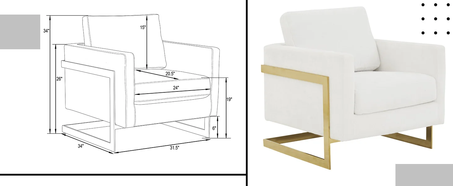Lincoln Boucle Fabric Accent Armchair with Gold Stainless Steel Frame and Removable Back Cushion in White