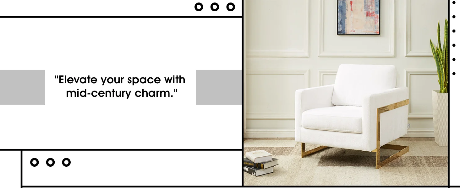 Lincoln Boucle Fabric Accent Armchair with Gold Stainless Steel Frame and Removable Back Cushion in White