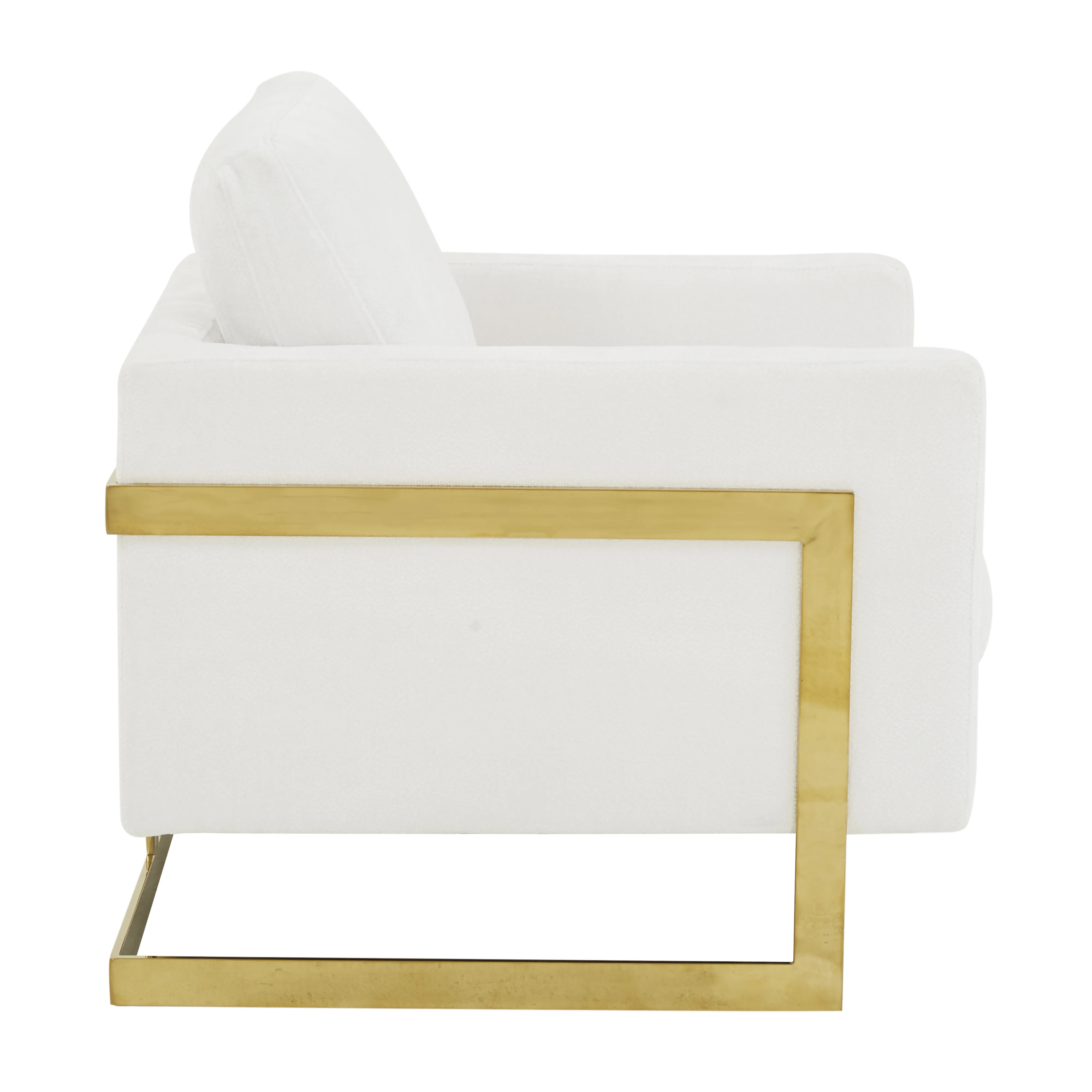 Lincoln Boucle Fabric Accent Armchair with Gold Stainless Steel Frame and Removable Back Cushion in White