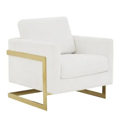 Lincoln Boucle Fabric Accent Armchair with Gold Stainless Steel Frame and Removable Back Cushion in White
