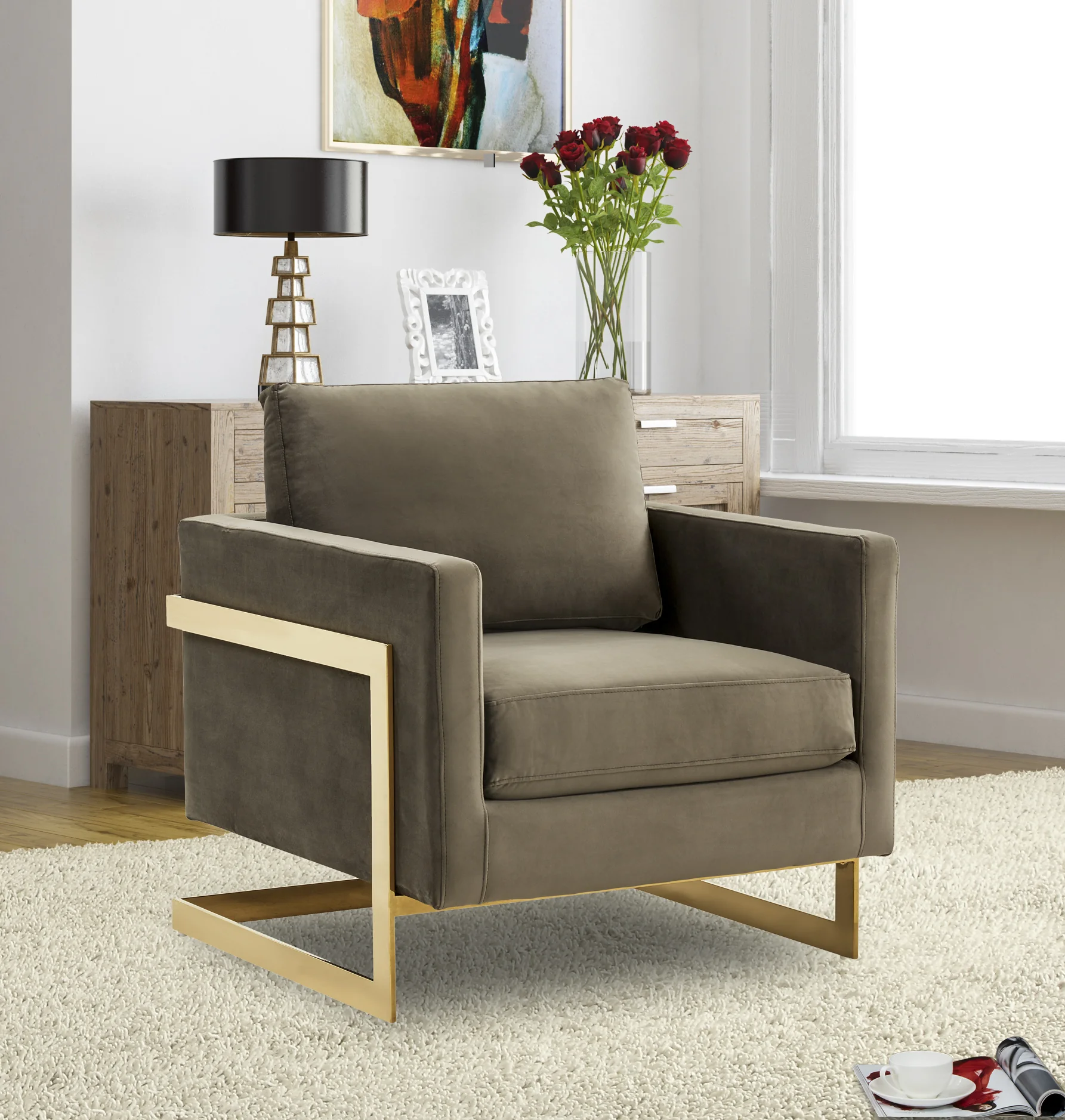 Lincoln Velvet Accent Armchair With Gold Frame