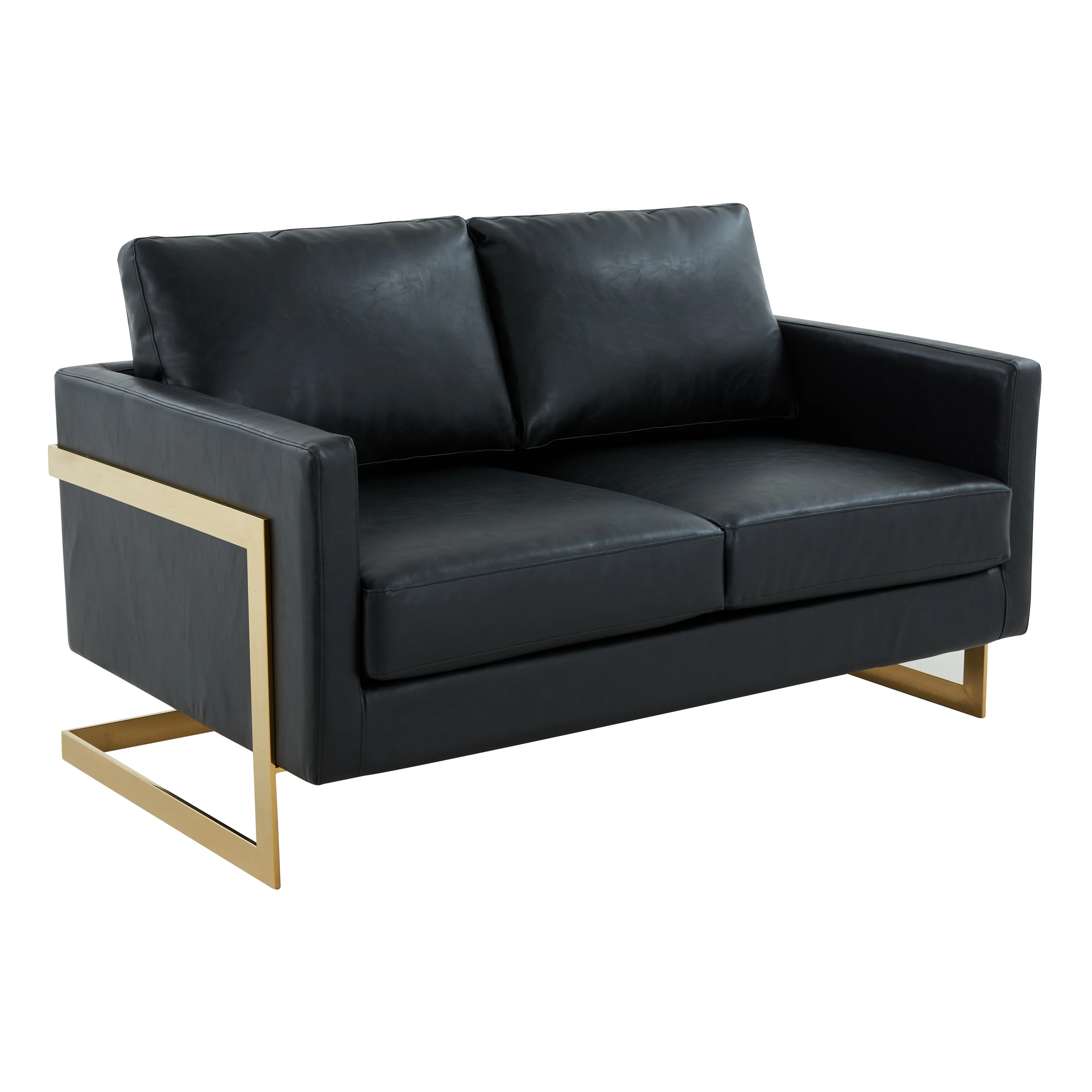 Lincoln Modern Mid-Century Upholstered Leather Loveseat with Gold Frame