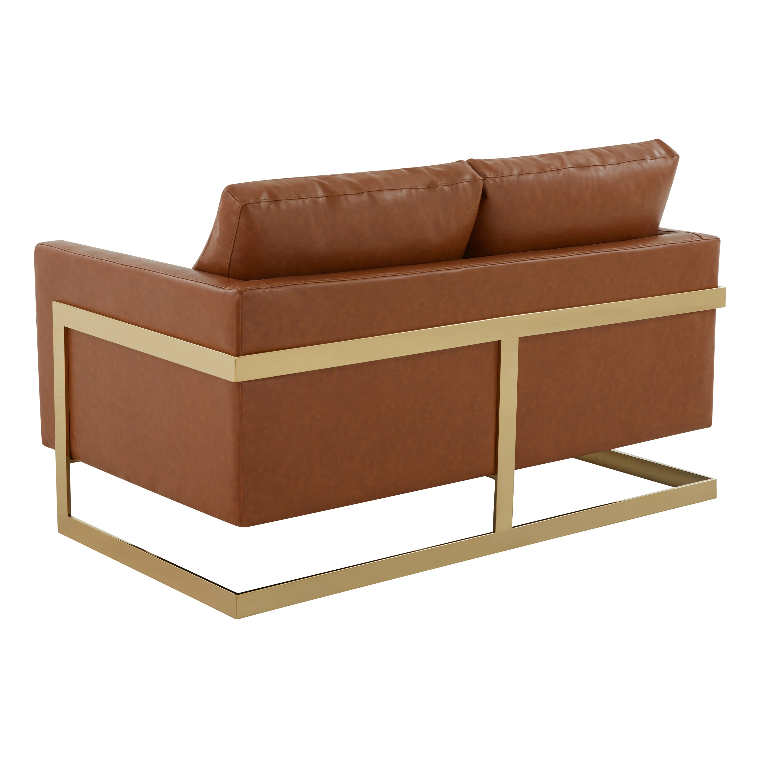 Lincoln Modern Mid-Century Upholstered Leather Loveseat with Gold Frame