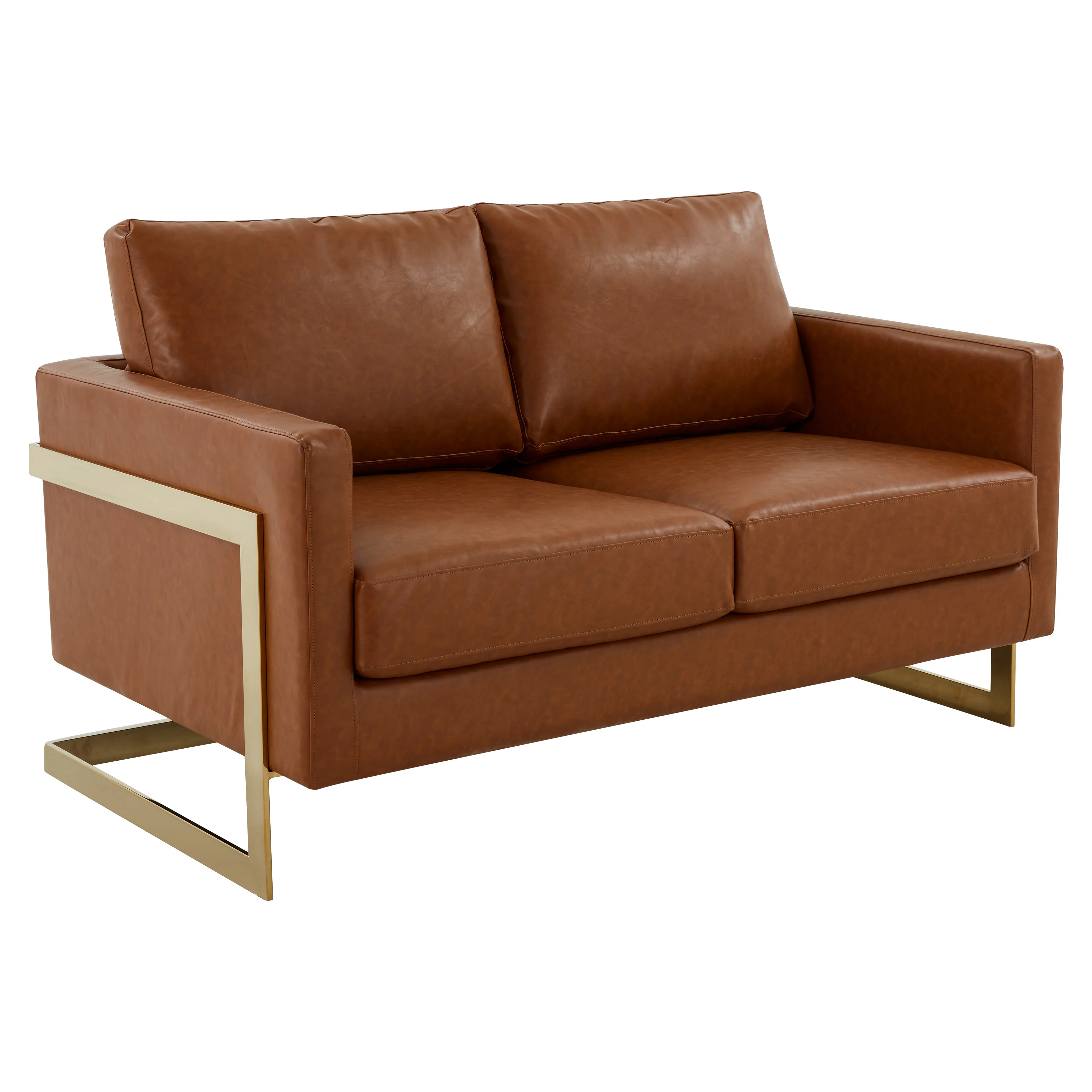 Lincoln Modern Mid-Century Upholstered Leather Loveseat with Gold Frame