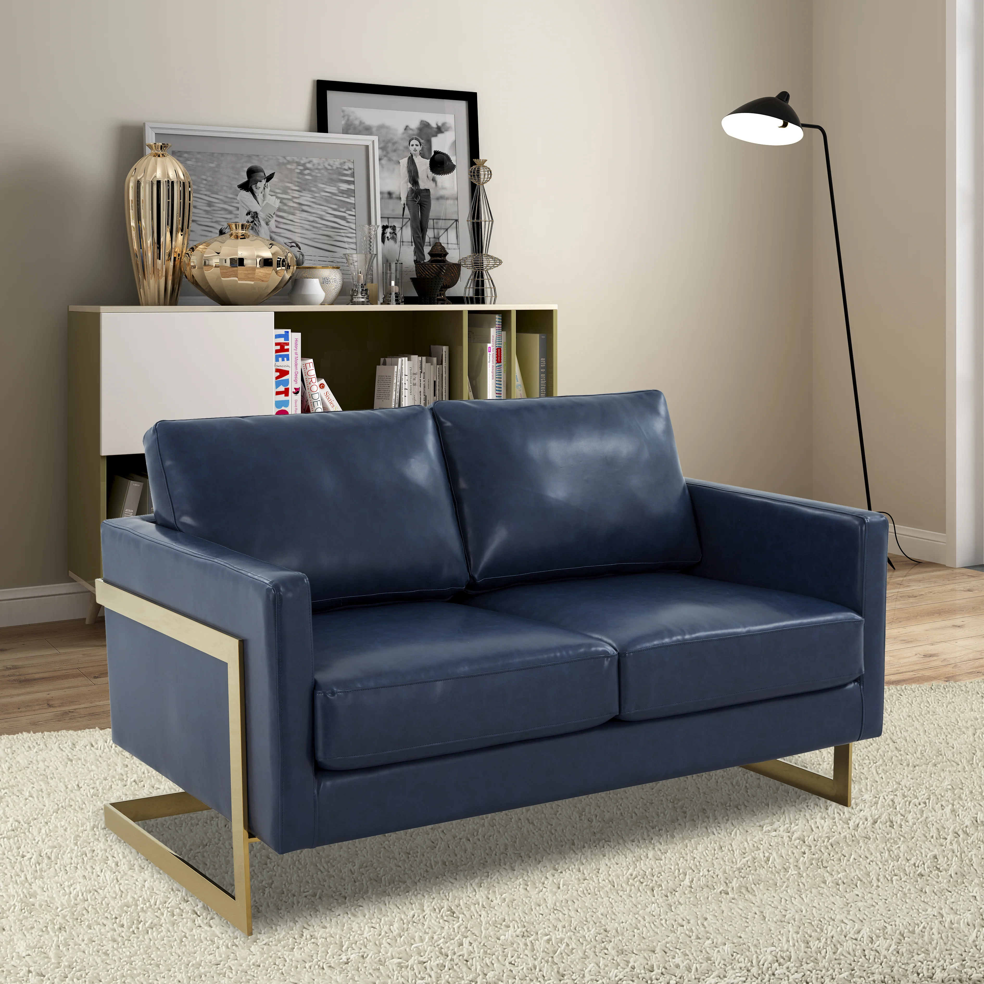 Lincoln Modern Mid-Century Upholstered Leather Loveseat with Gold Frame